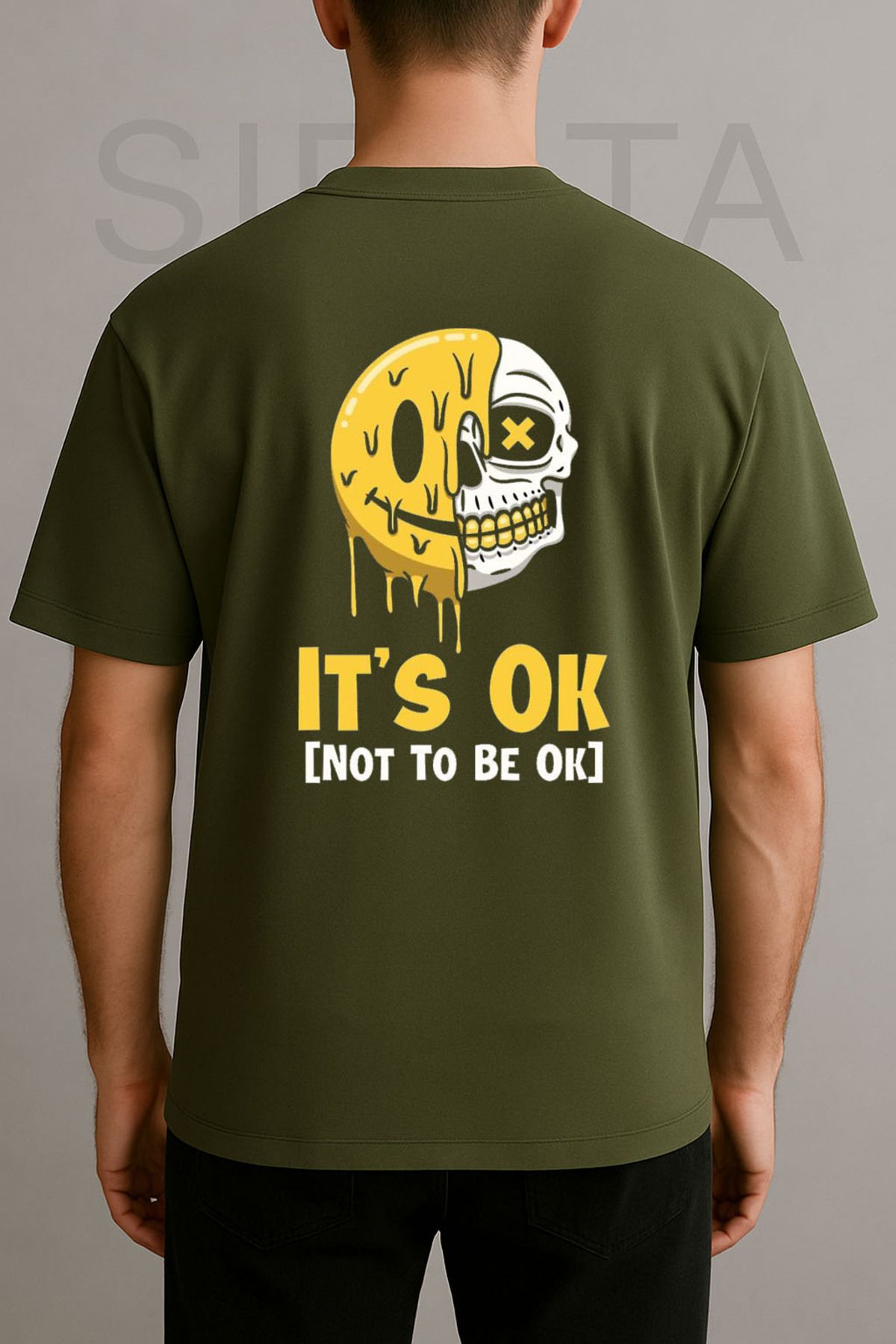 Darkia Gülen Yüz Smile Kuru Kafa Baskılı Bisiklet Yaka Oversize Yeşil Tişört T-shirt