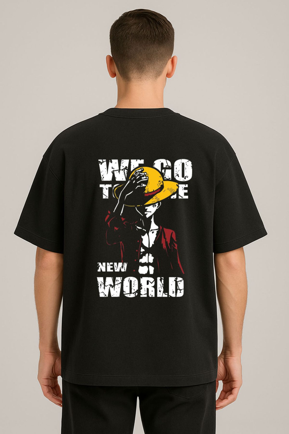 sielta One Piece Anime Baskılı Bisiklet Yaka Oversize Siyah Tişört T-shirt