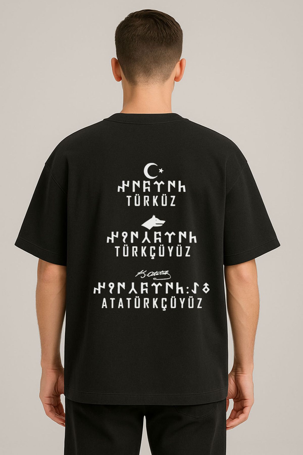 sielta Türküz Türkçüyüz Atatürkçüyüz Baskılı Bisiklet Yaka Oversize Siyah Tişört T-shirt