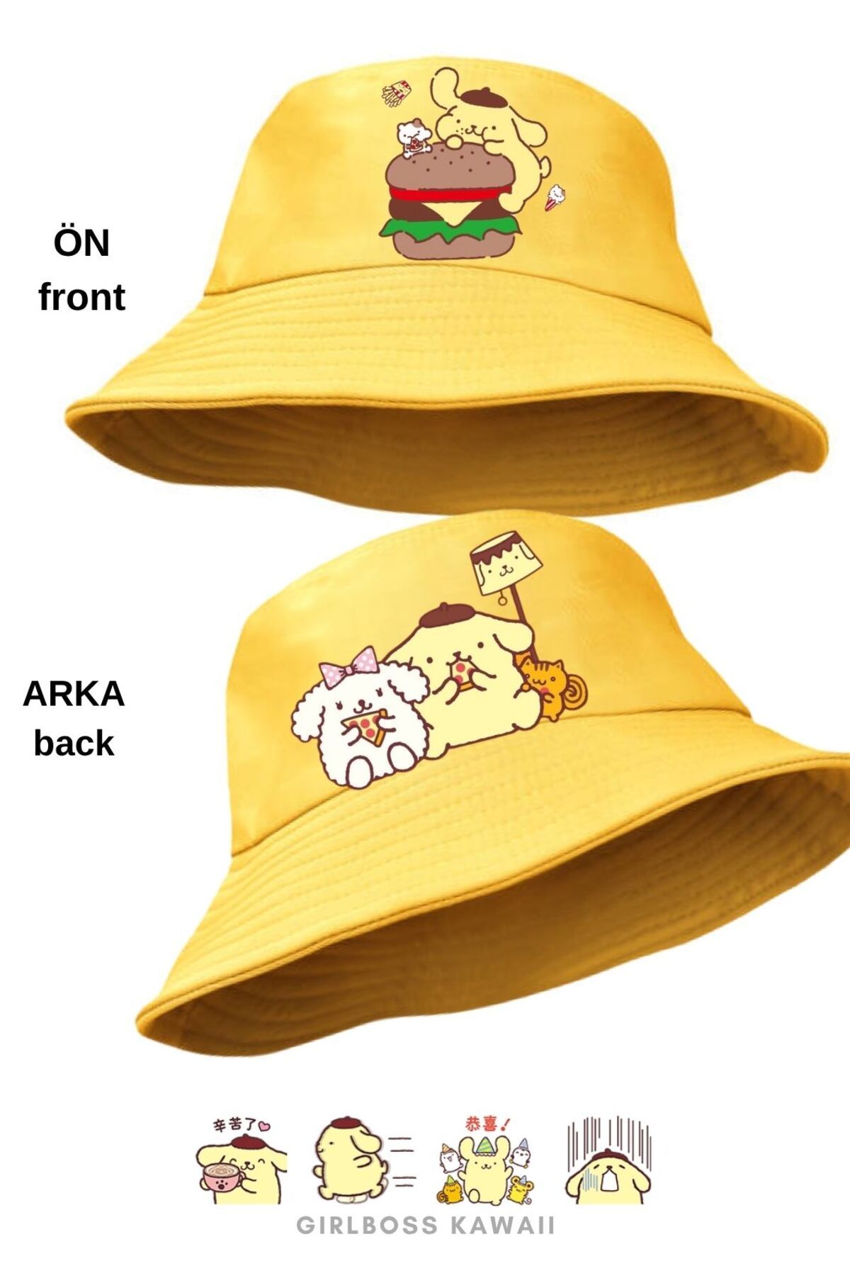 Girlboss Kawaii Girlboss Pompompurin bucket kova şapka sarı unisex 10 farklı model