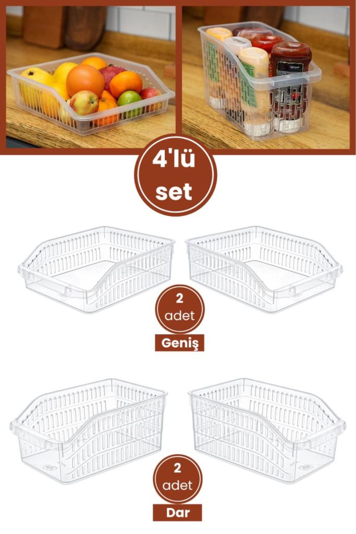 Flora 4 Adet Şeffaf Buzdolabı Sepeti, Mutfak Banyo Düzenleyici Sebze Meyve Kavanoz Organizer 4lü Set
