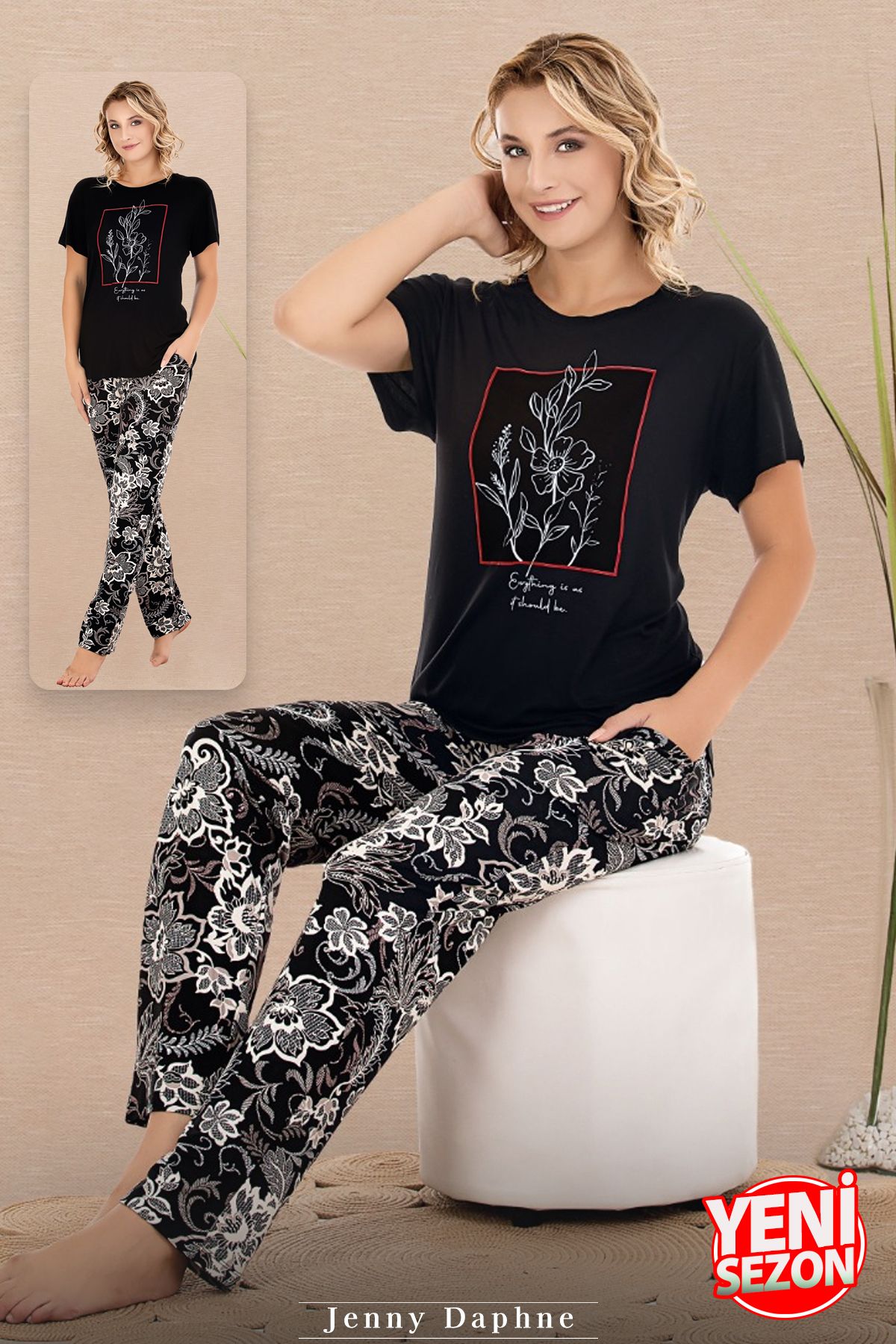 Jenny Daphne Lady Çiçek Desenli Pijama Bisiklet Yaka Kısa Kollu Pijama Takımı 12597