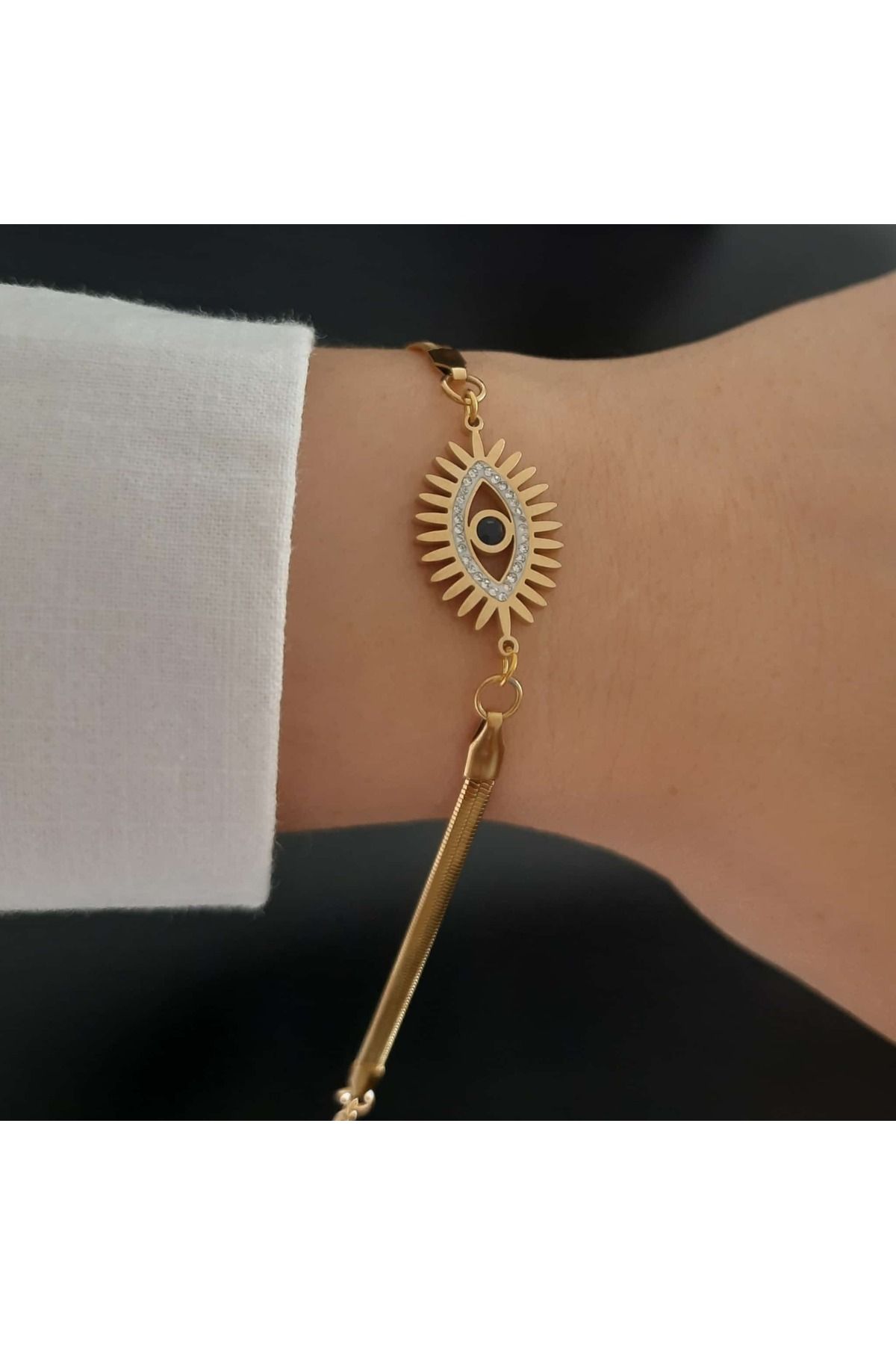 Betül Çekiç Çelik Gold Renk Taşlı Göz Detay Kadın Bileklik