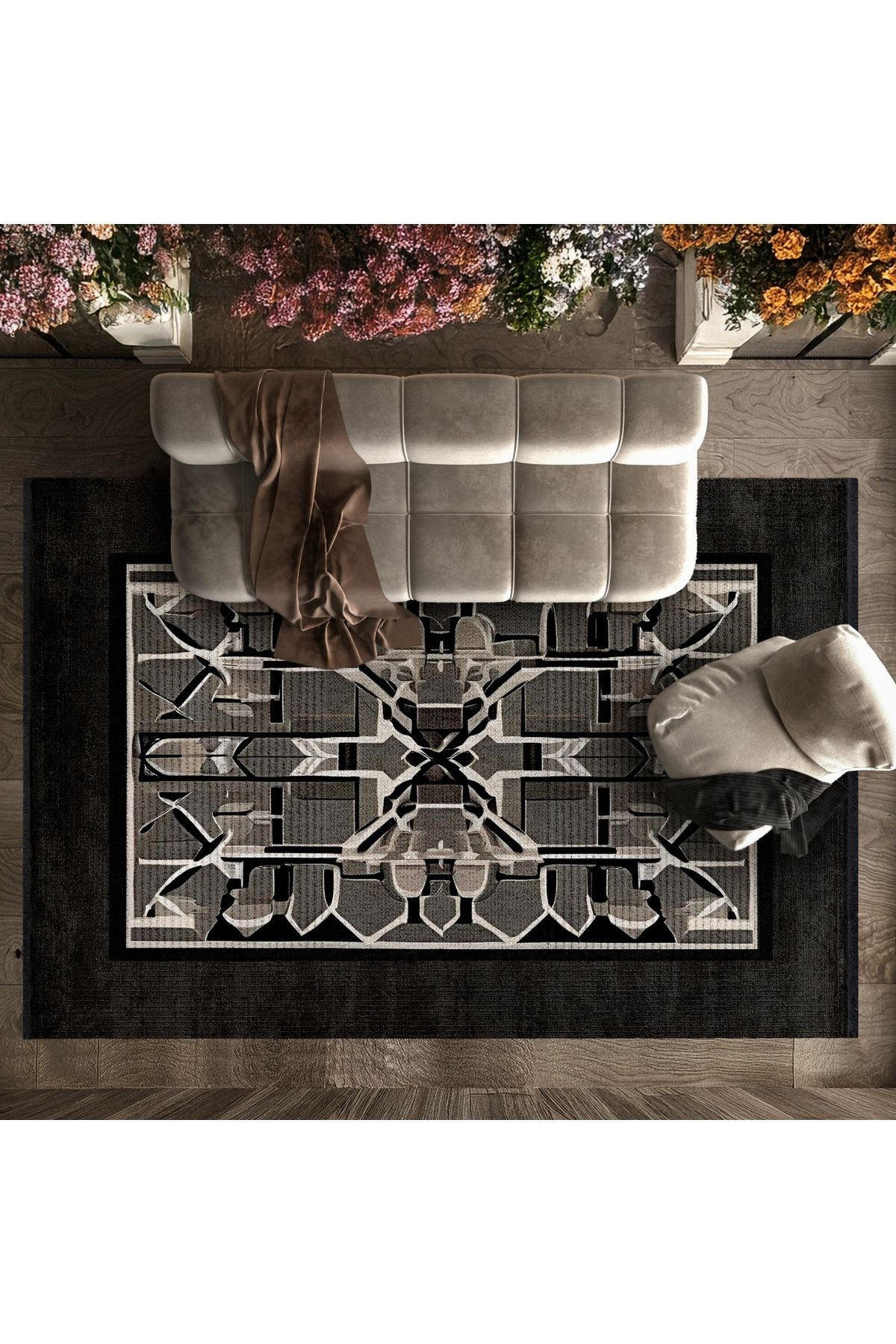 HALIZZON Geometrik Siyah Beyaz Yazılı Halı Modern Yazılı Tasarım Dijital Halı