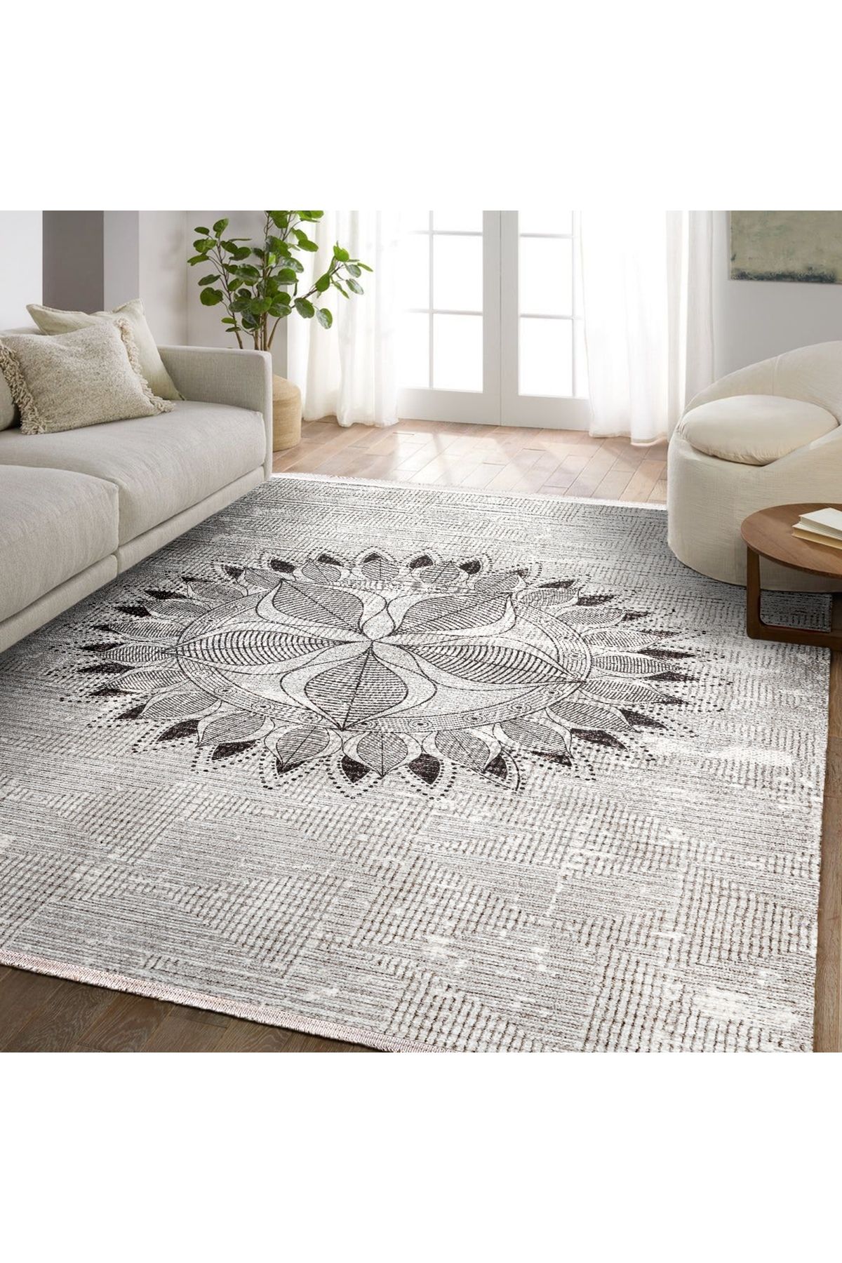 HALIZZON Siyah Beyaz Lotus Mandala Halı Meditasyon ve Modern Dekor İçin Uygun