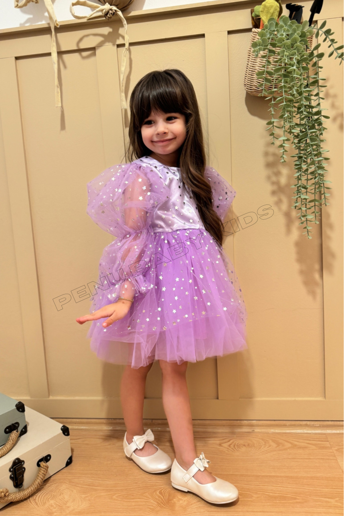 penu baby kids Lila Balon Kol Yıldızlı Tül Uzun Kol Kız Çocuk Elbise fotoğrafı 5 (önizleme)