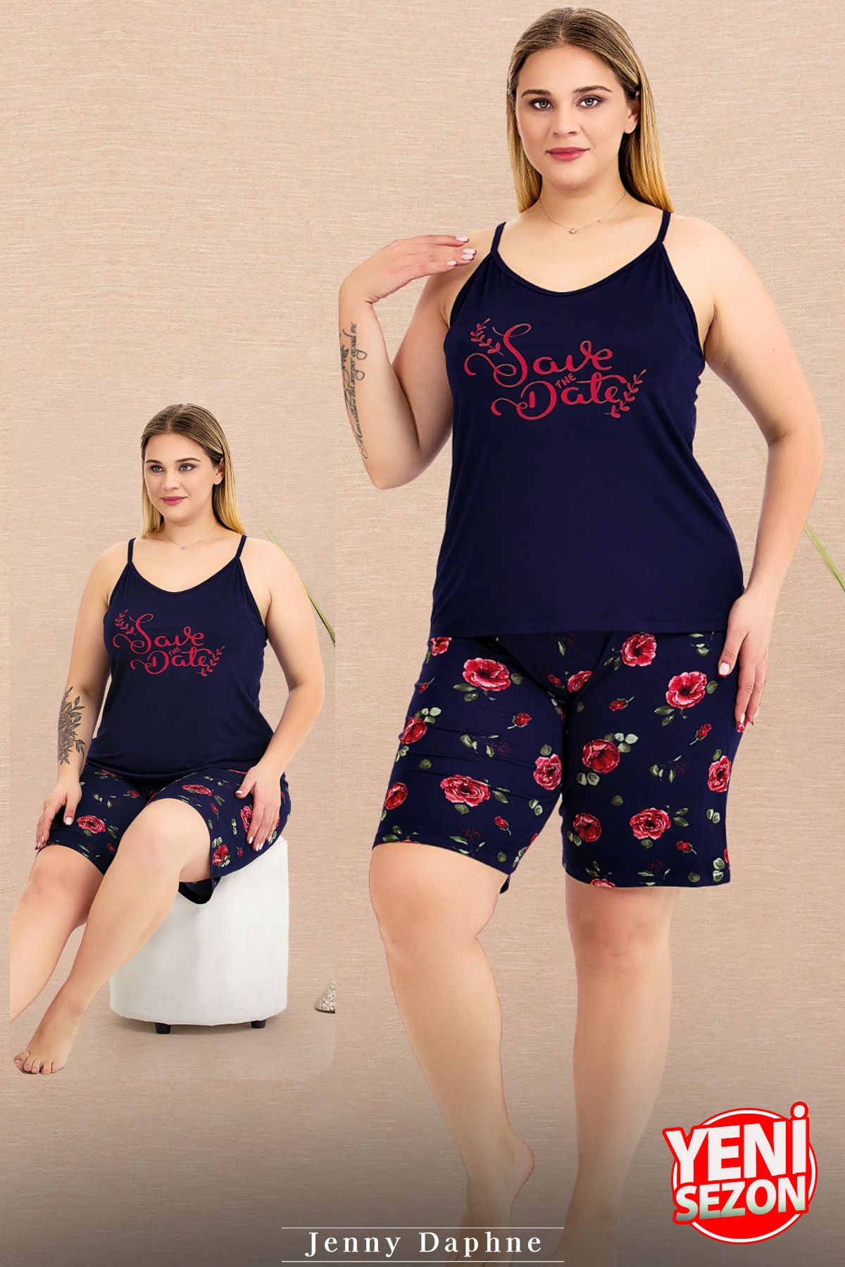 Jenny Daphne Lady büyük beden Çiçek Desenli Şort İnce Askılı şortlu pijama takımı 10443