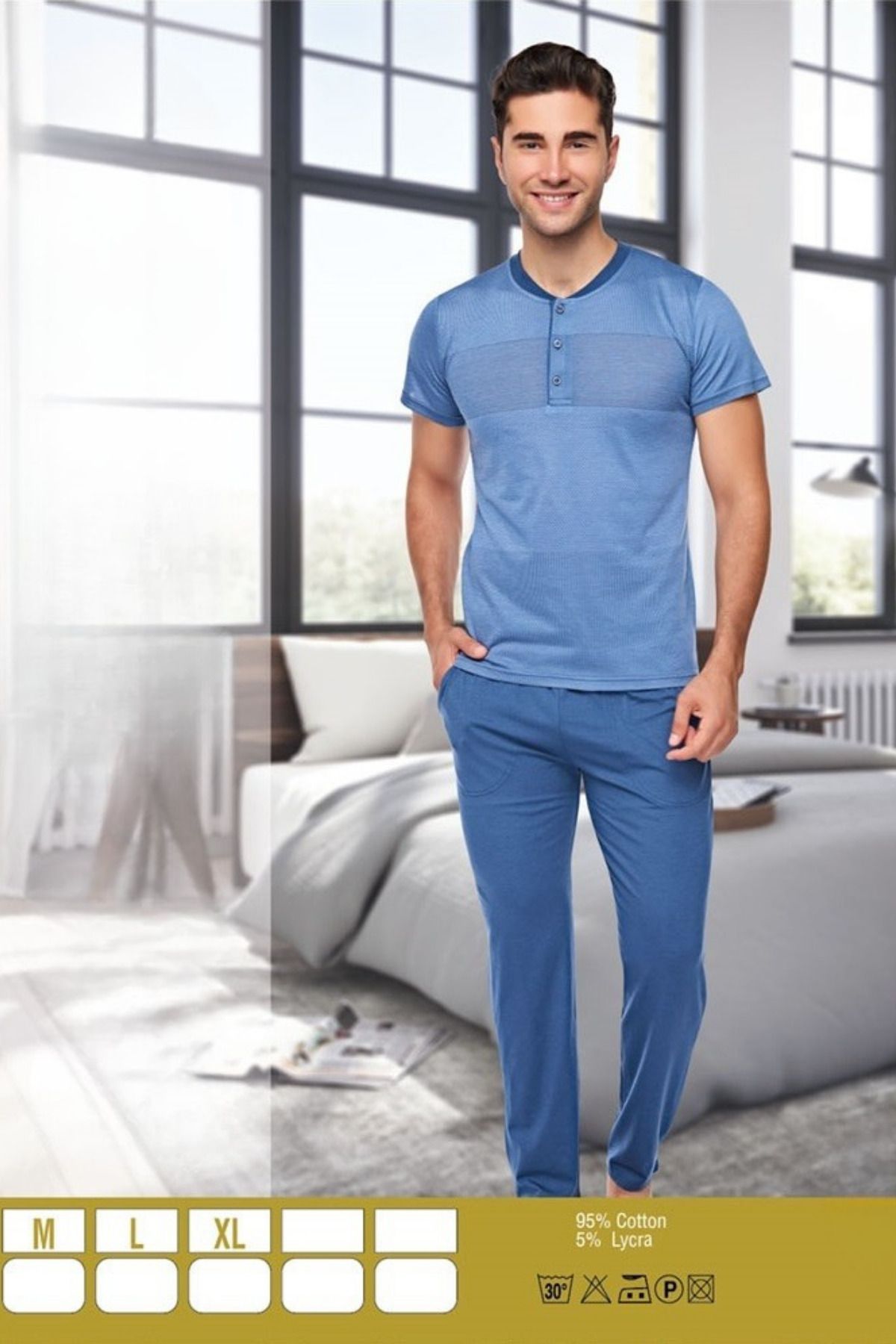 Cotpark Erkek Pamuklu Likralı Kısa Kollu Basıc Tişört Pantolon Pijama Takımı 559