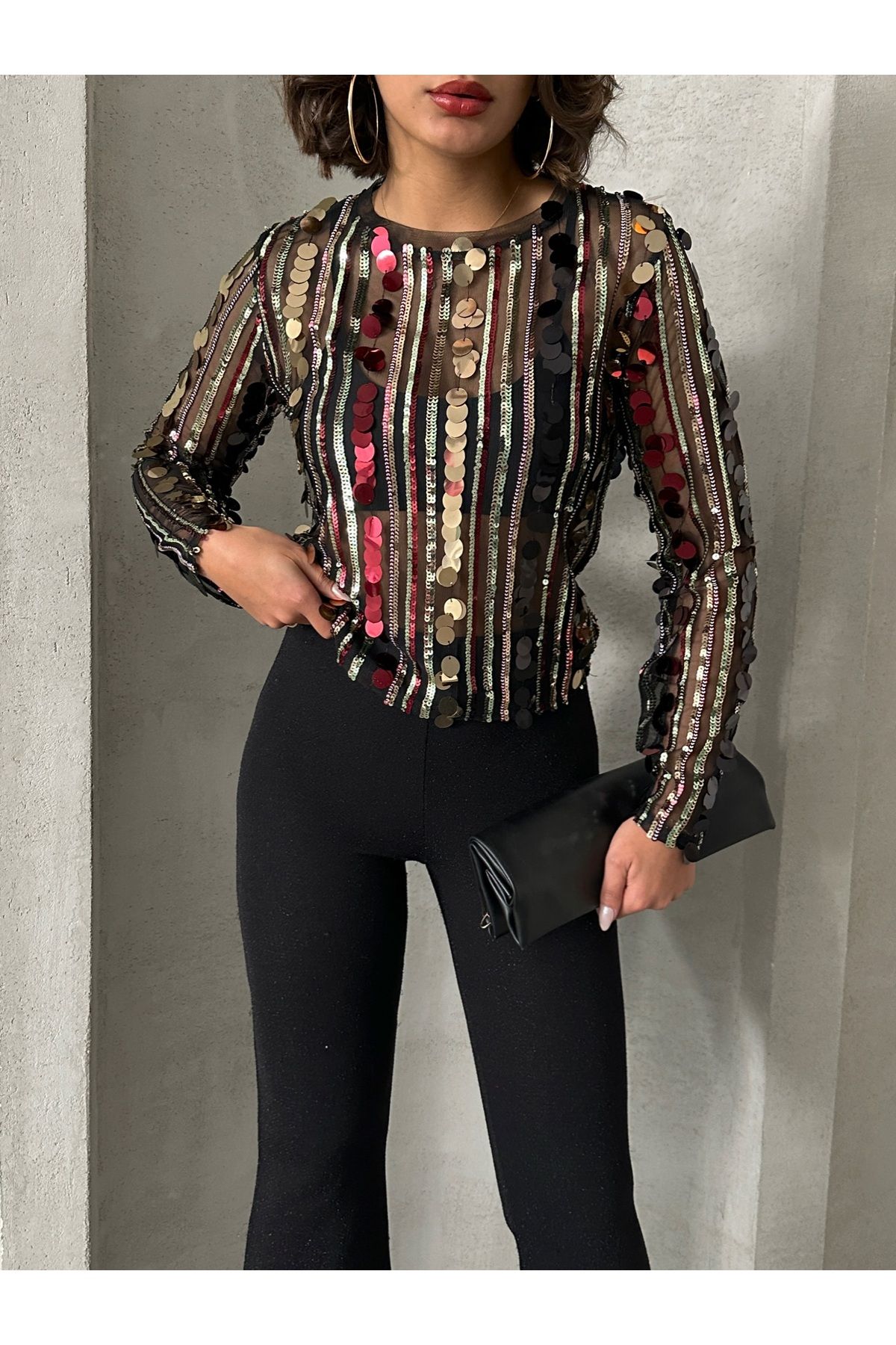 Miss Allos Kadın Renkli Pul Payet Desenli Bisiklet Yaka Transparan Bluz