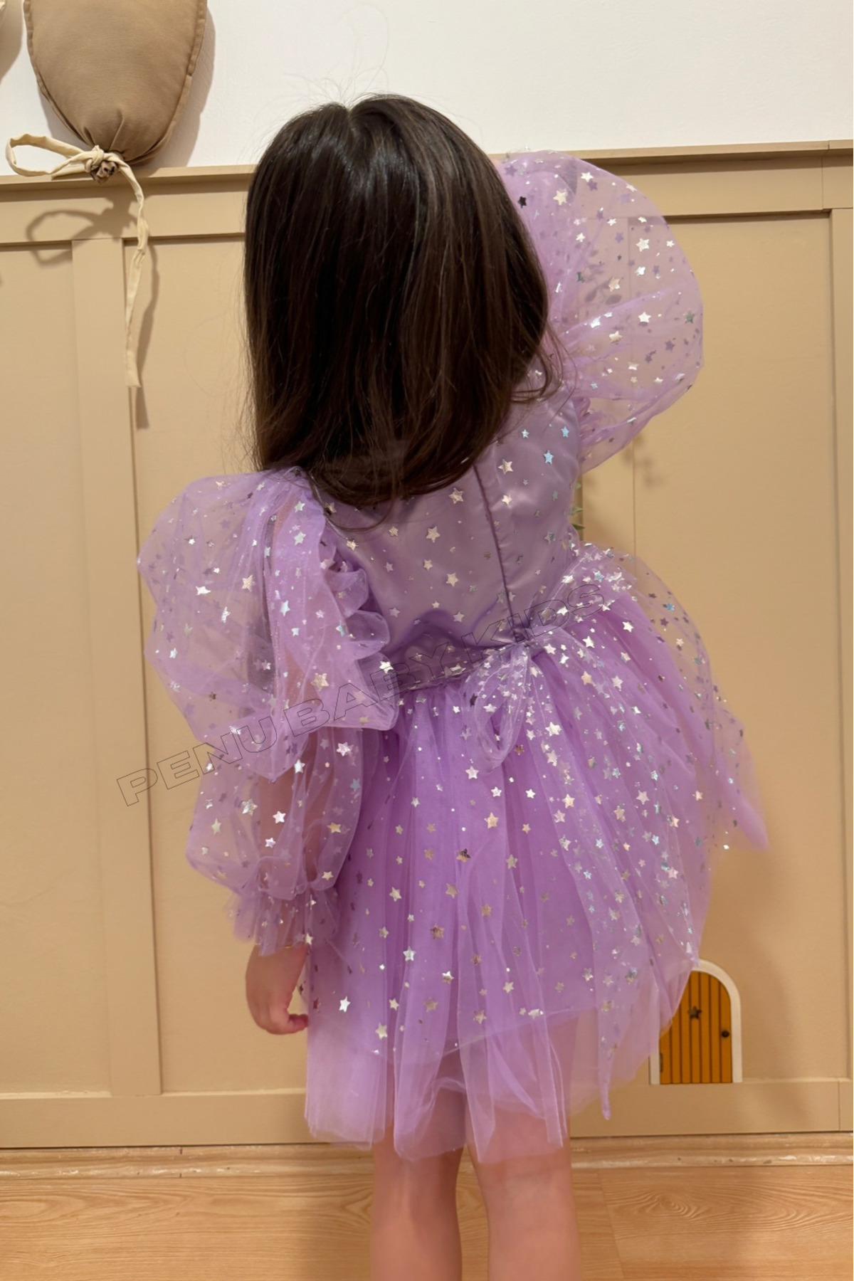 penu baby kids Lila Balon Kol Yıldızlı Tül Uzun Kol Kız Çocuk Elbise fotoğrafı 6 (önizleme)