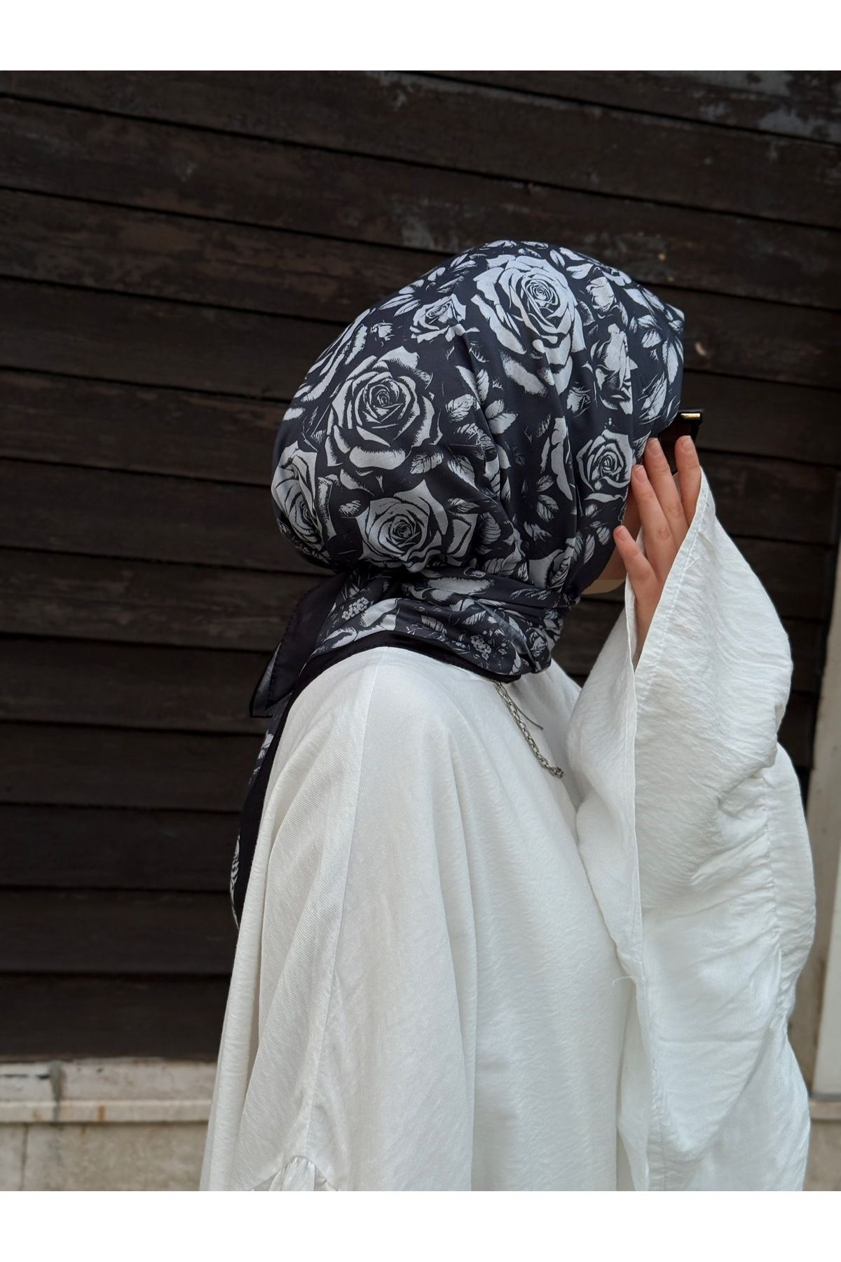 Qalortex Scarf Pamuklu Soft Roza Desen Eşarp-Siyah/Antrasit