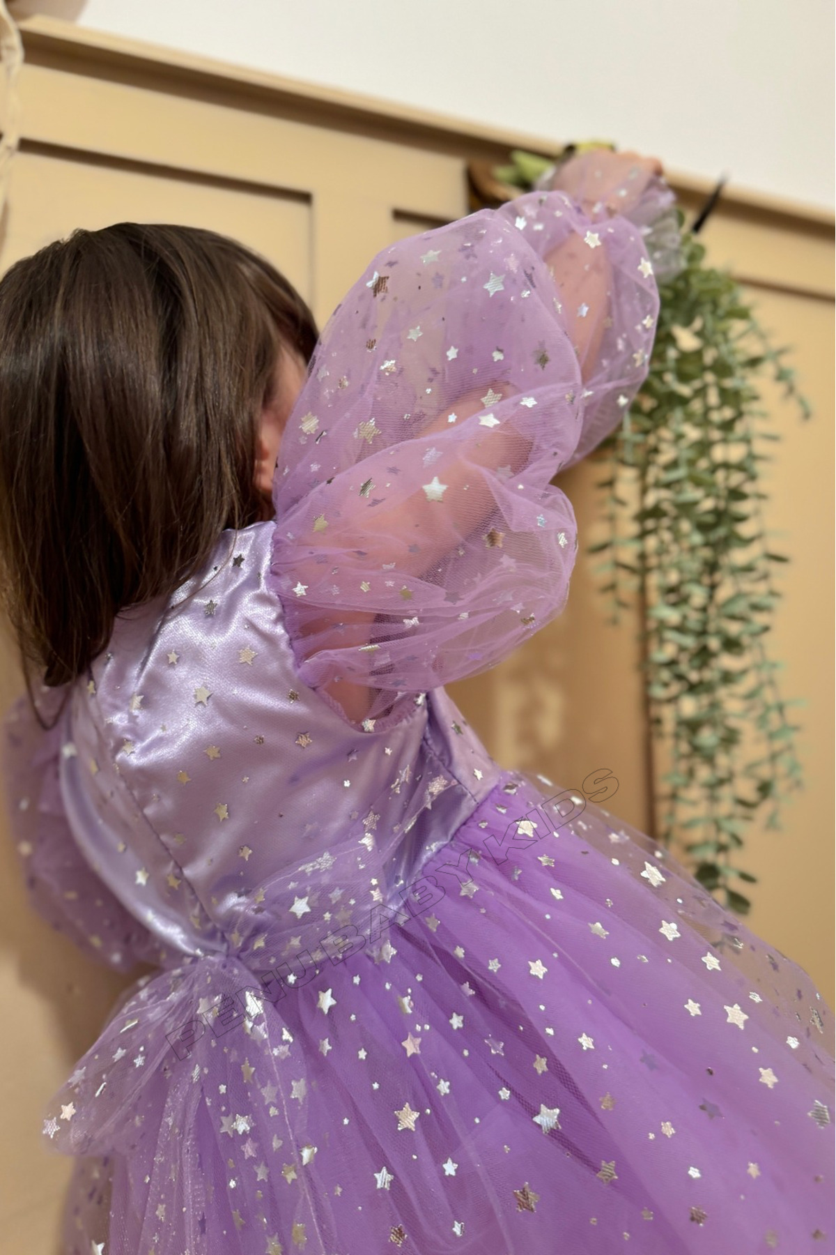 penu baby kids Lila Balon Kol Yıldızlı Tül Uzun Kol Kız Çocuk Elbise fotoğrafı 4 (önizleme)