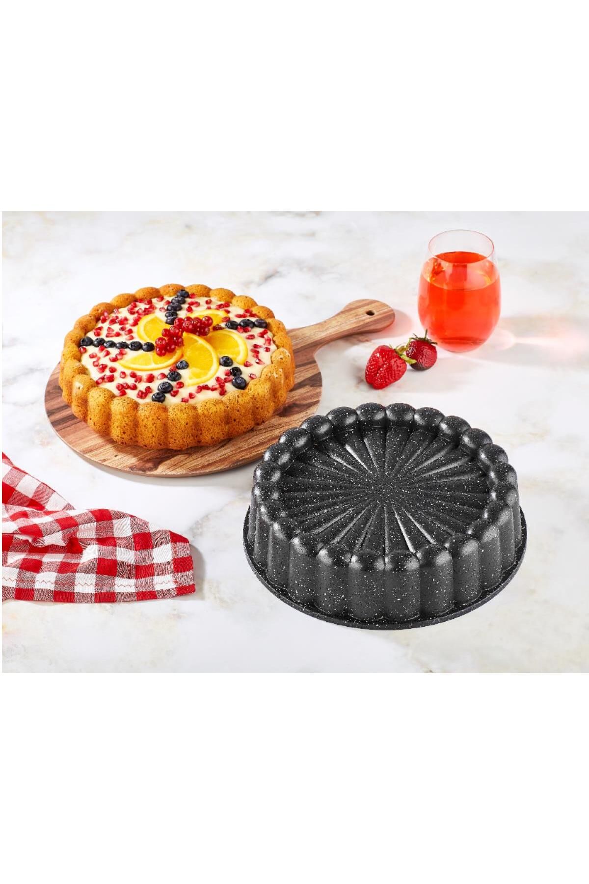 ELDİPA Granit Efektli Siyah Döküm Tart - Kek - Kiş Kalıbı 28 cm – Yapışmaz, Kolay Temizlenen PFOA Free