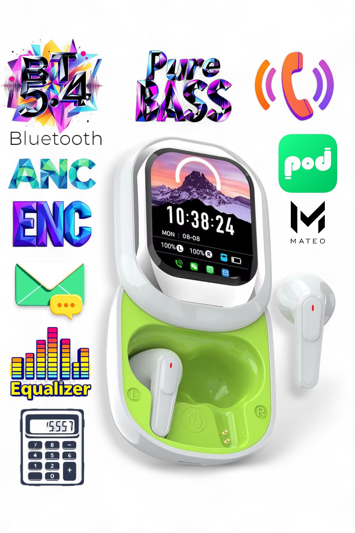 MATEO WatchPods | LED Ekranlı Bluetooth Kulaklık + EQ Ayarlı | Aramalı & Bass Destekli