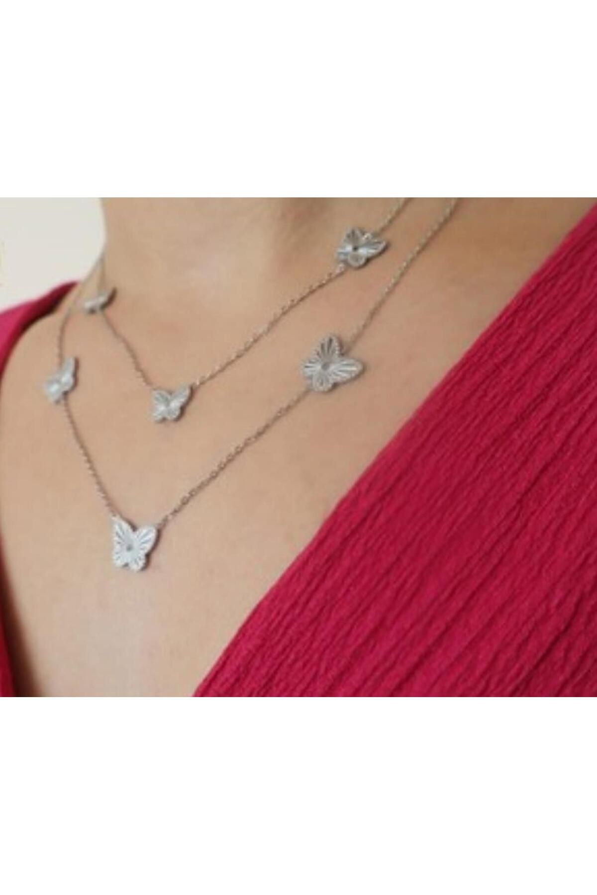 BESMYAR JEWELS Gümüş Rengi, İki Katmanlı, Zarif Kelebek Figürlü Kadın Kolye Seti