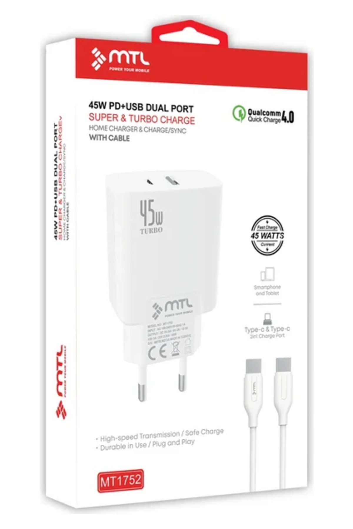 MT MTL 45W PD+USB DUAL PORT SÜPER TURBO ŞARJ SETİ QUALCOMM 4,0