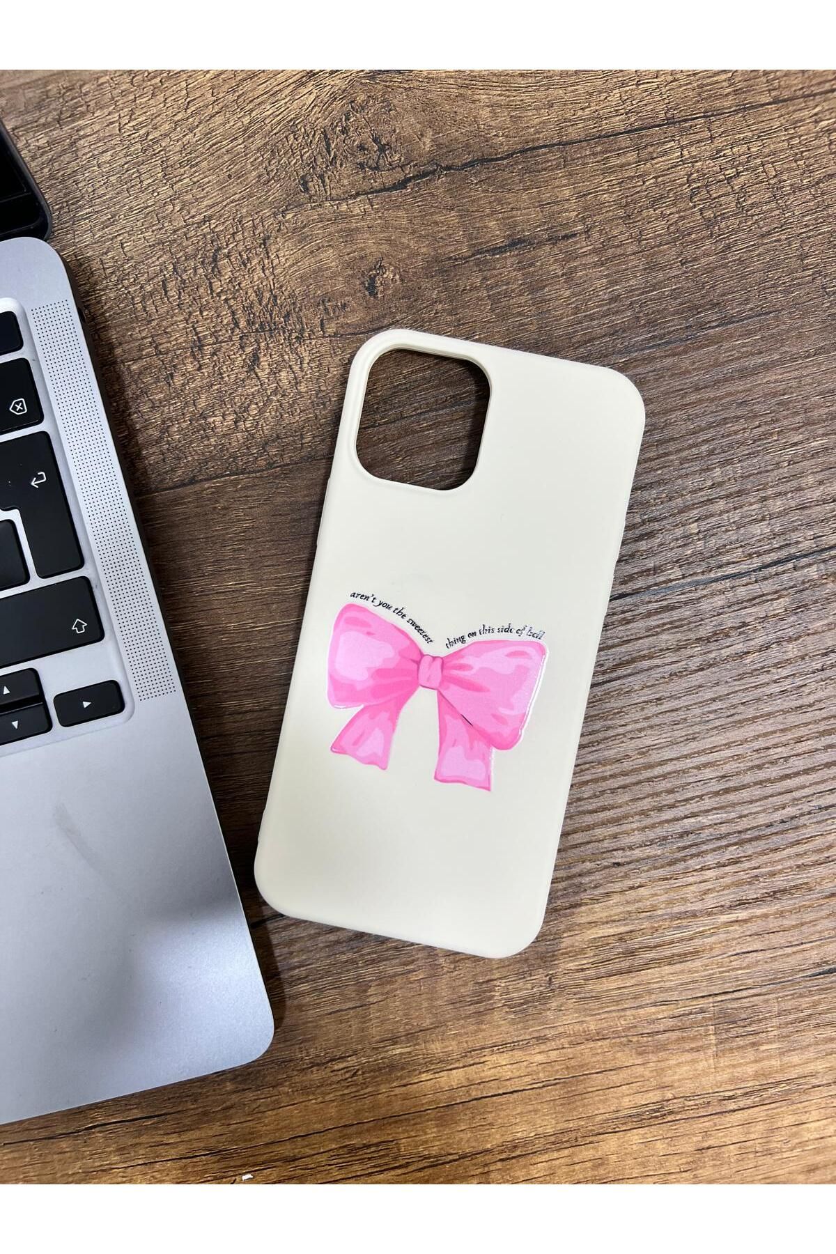 HZR Iphone 12/12Pro Beyaz Büyük Kurdele Desenli Silikon Kılıf