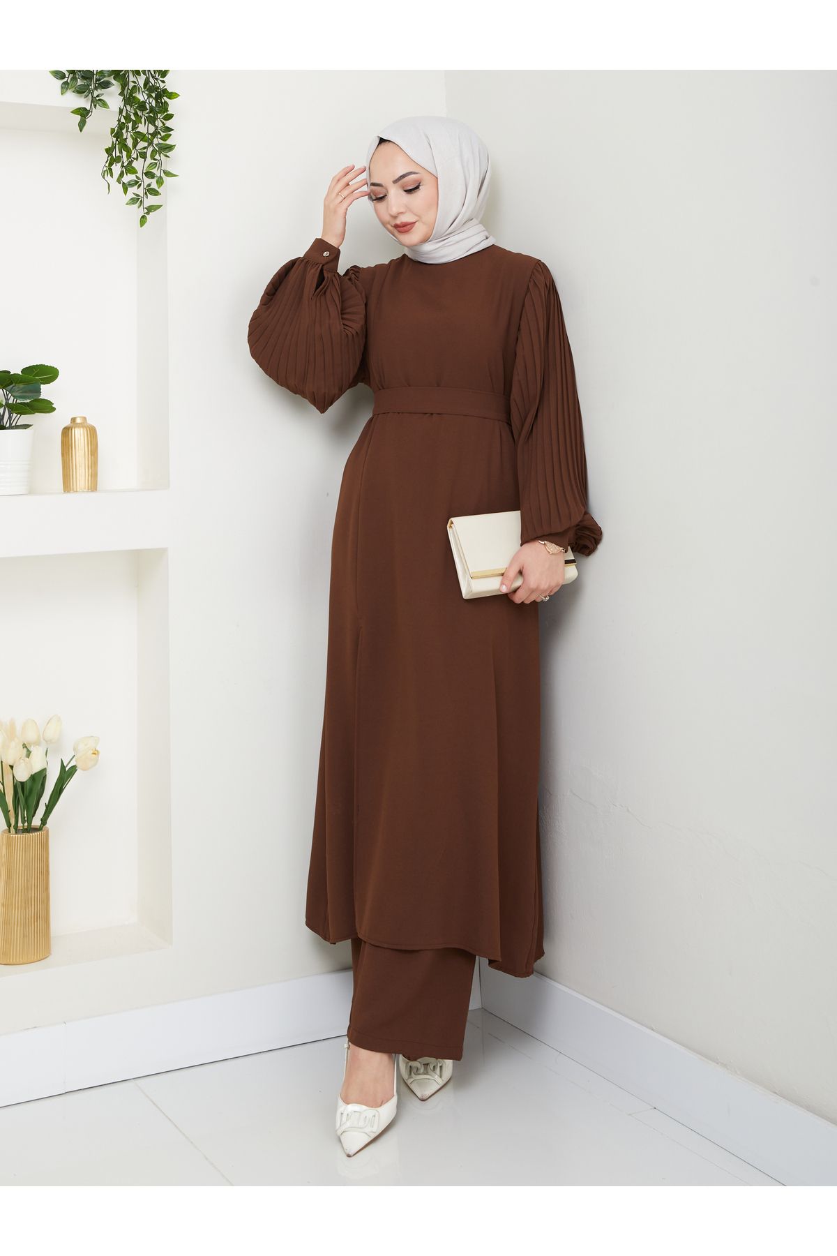 EFSUN MODA UZUN TAKIM 120CM BOY ÖNDEN YIRTMAÇLI KOLU PİLİSELİ PANTOLON TAKIM 840