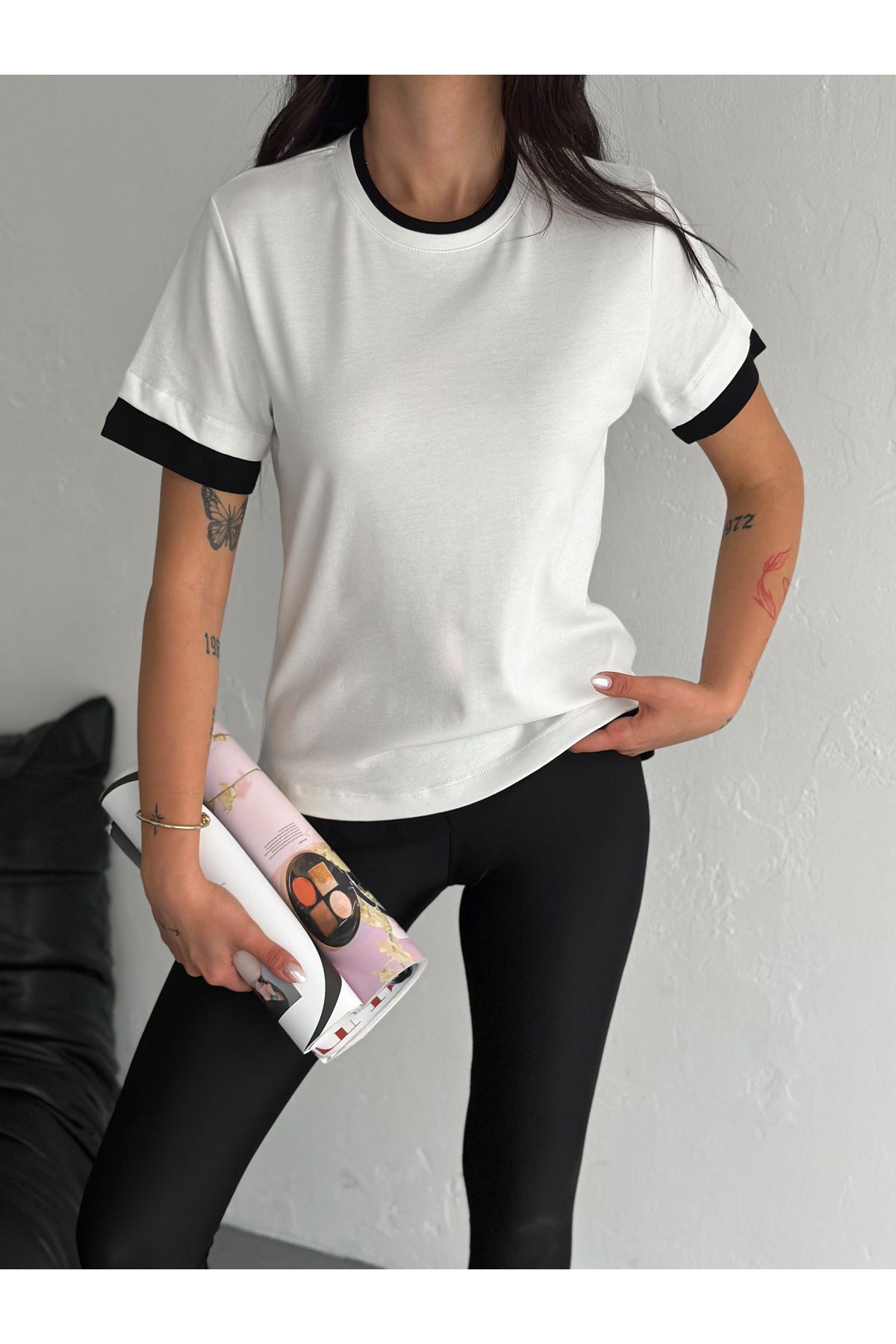 Fanori Woman KADIN BİSİKLET YAKA KOL VE YAKA DETAYLI BASİC T-shirt