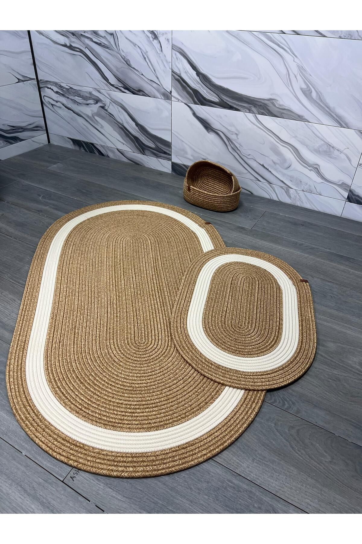 Türkmen Ev Tekstil Hasır jüt Hasır Büyük Boy4 lüBanyo Takımı ,Banyo paspas takımı,Banyo sepeti ,Paspas, sepet takımı