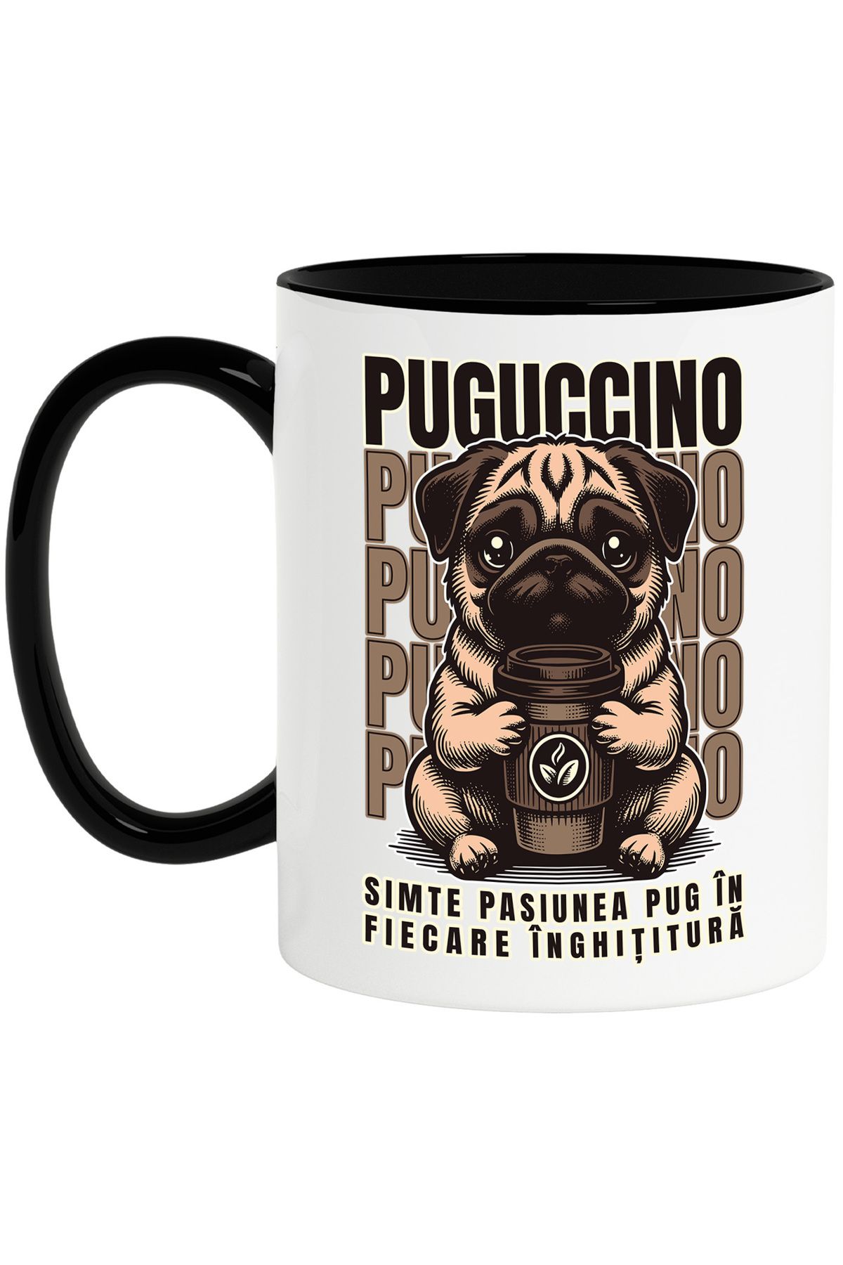 StoryGift Romania Cana Cafea Puguccino. Pug Dog Cappuccino, 330ml, Ceramica Cu Maner Negru, Cu Maner Negru Stg - One Size