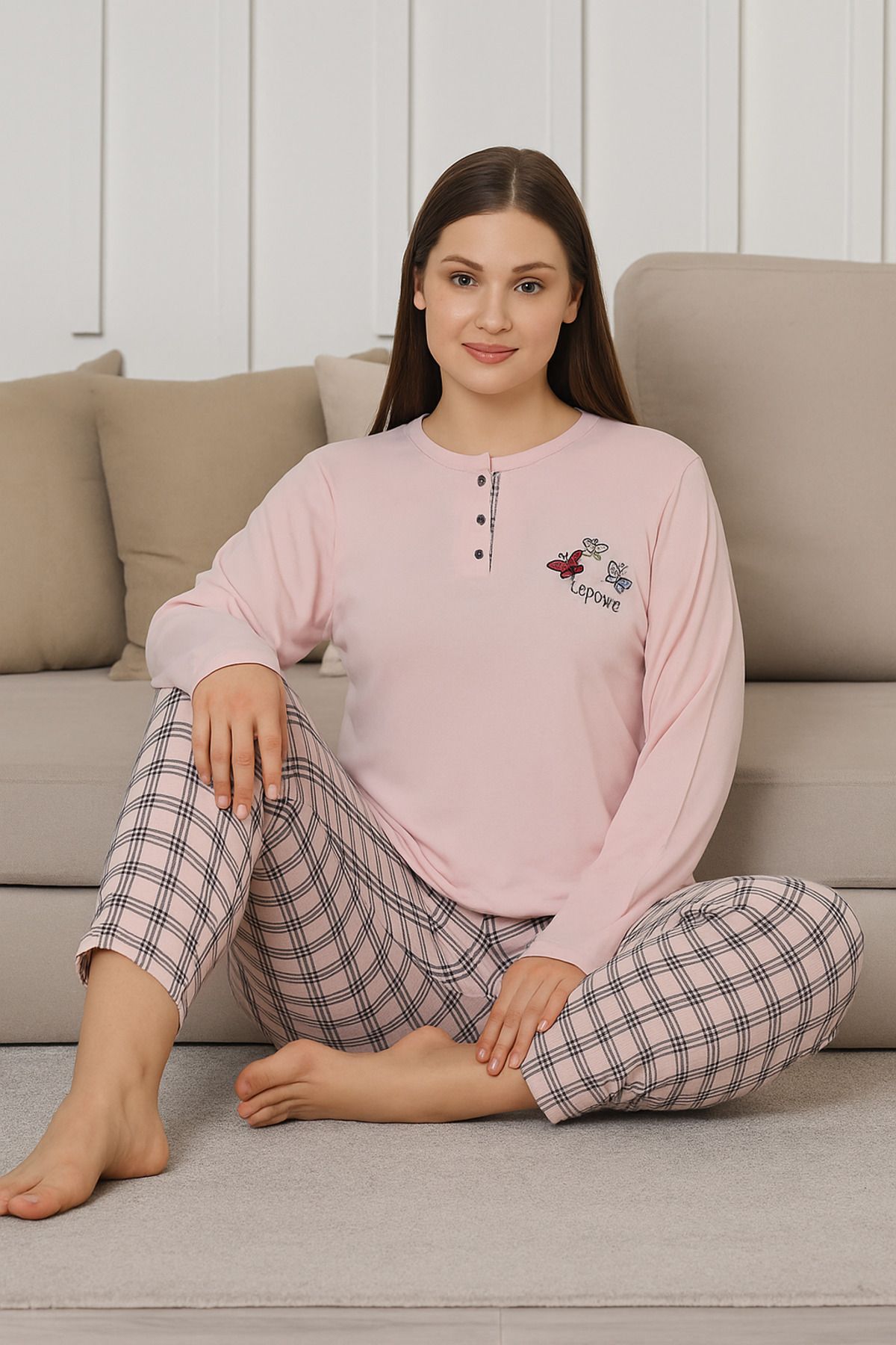 nacar çarşı Kadın Pembe Uzun Kol Düğmeli Ekose Desenli Geniş Kalıp Pamuklu Pijama Takımı