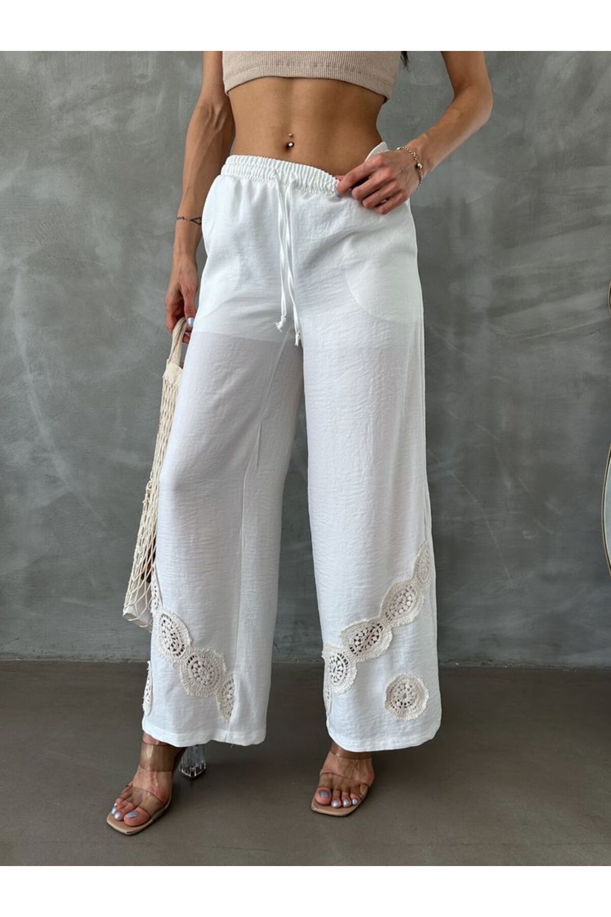 studio fashion 1988 Kadın Beyaz Premium Bağcıklı Krem Nakışlı Dantelli Pamuklu Keten Pantolon