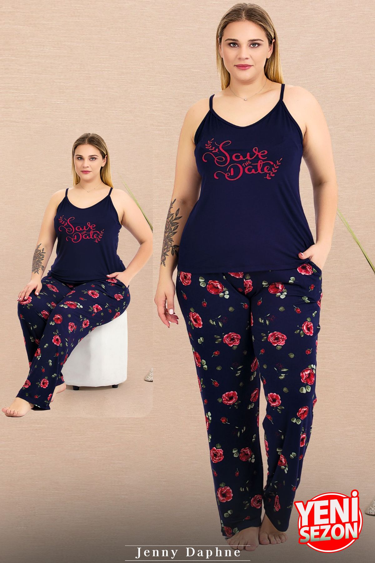 Jenny Daphne Lady Büyük Beden Lacivert Çiçek Desenli Pijama İnce Askılı Üst Pijama Takımı 11019