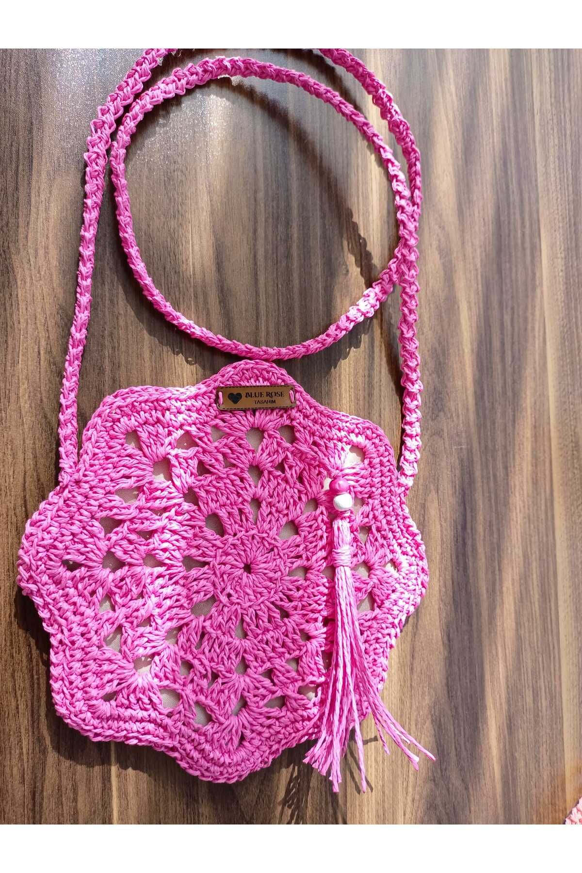 BLUE ROSE BİJUTERİ ÇİÇEK MODEL MİNİ HASIR ÇANTA PEMBE