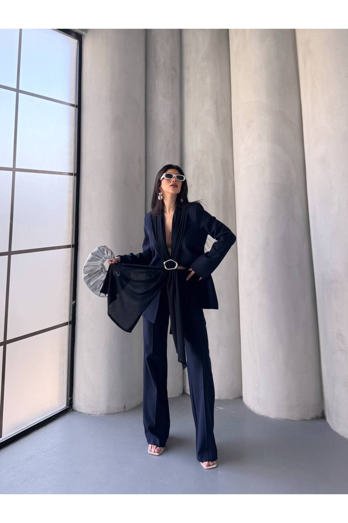 Women's Blazer Suit with Shawl Detail Two-Piece Navy Blue - Görsel 5