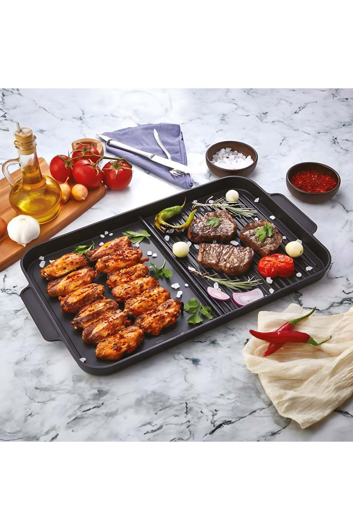 ELDİPA Granit Efektli Döküm Ocak Üstü Izgara Tava (29×50×3 cm) – Yapışmaz, Pratik ve Sağlıklı Pişirme