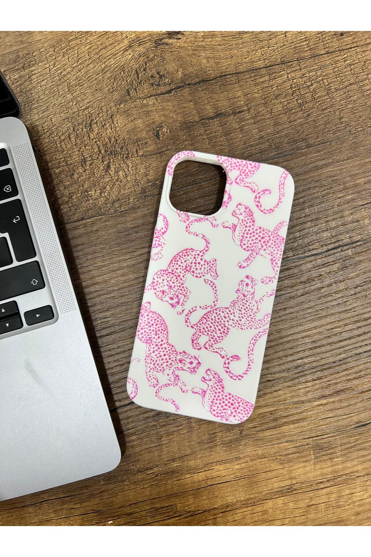 HZR Iphone 13 Beyaz Pembe Kaplan Desenli Silikon Kılıf