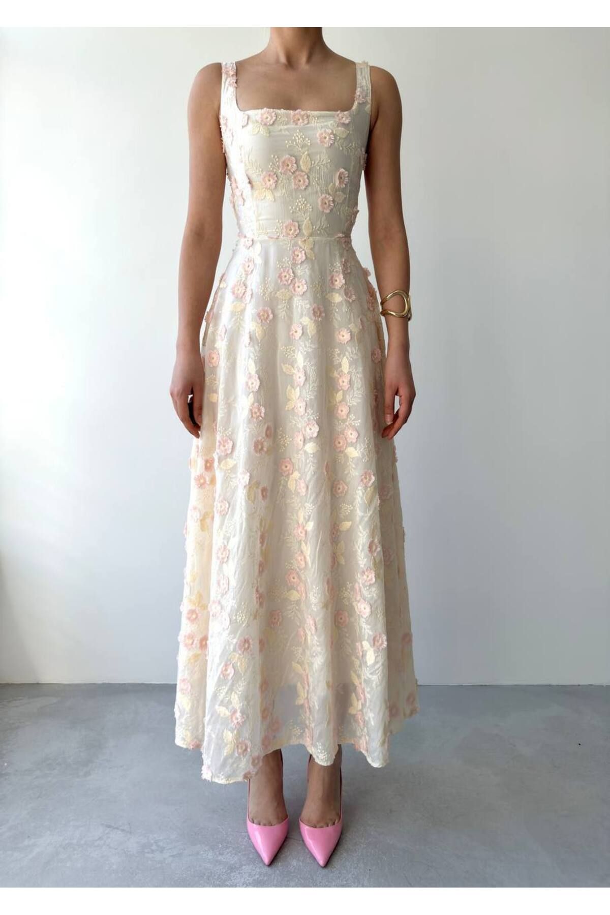 urban royce Kabartma çiçekli vintage uzun elbise