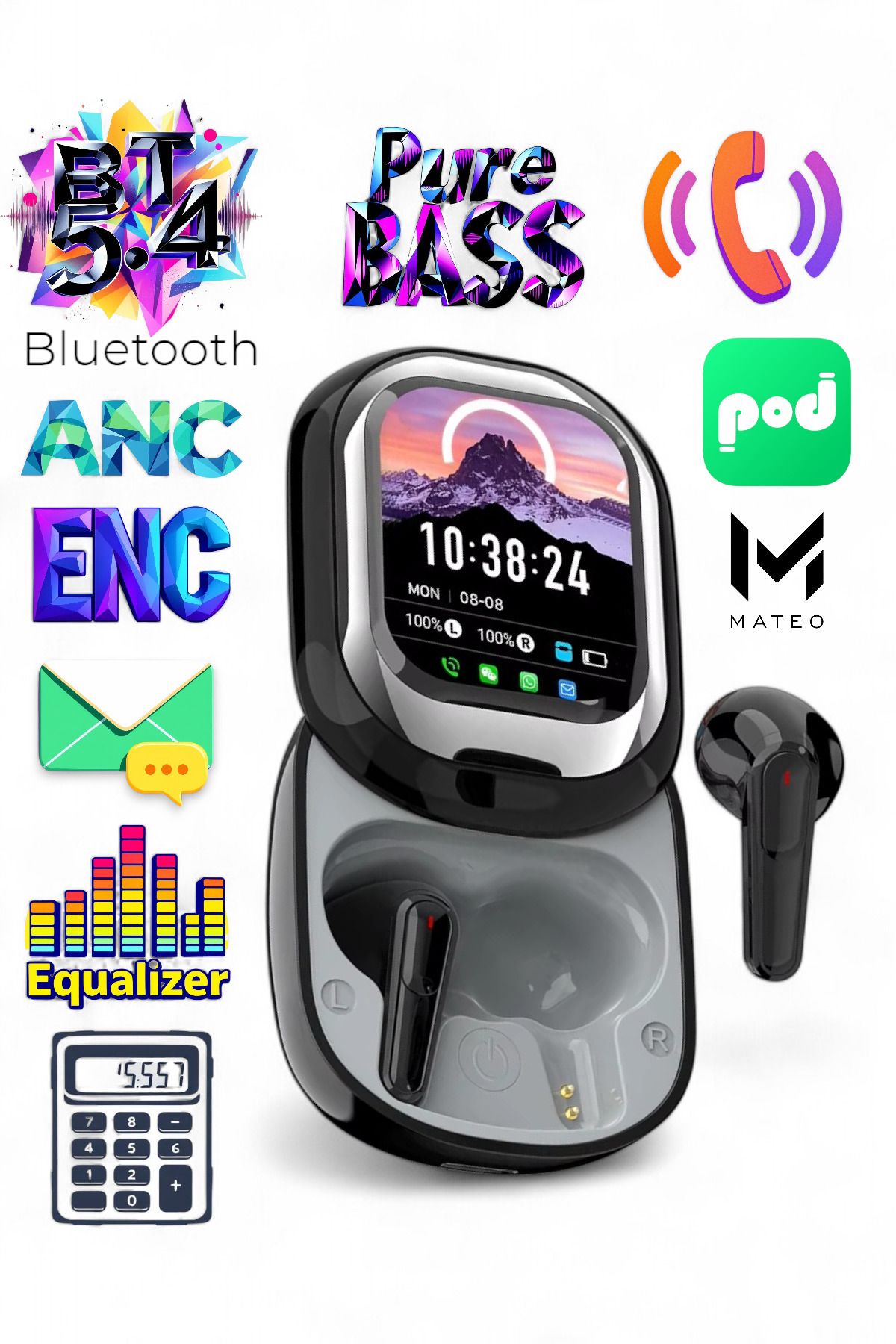 MATEO WatchPods | LED Ekranlı Bluetooth Kulaklık + EQ Ayarlı | Aramalı & Bass Destekli