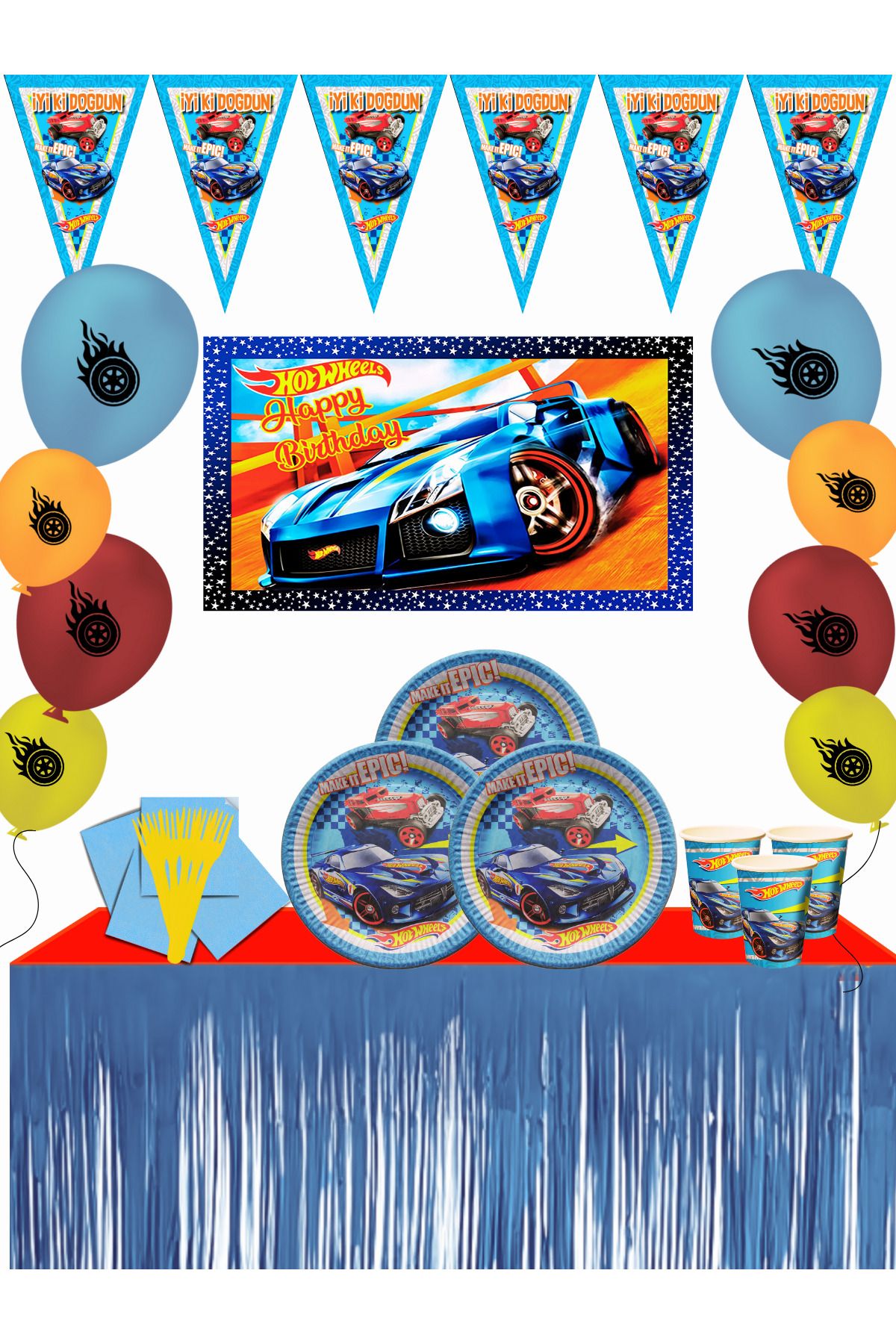 snowparty Hot wheels Ateşli Tekerler Afişli Metalize Masa Etekli Doğum Günü Parti Malzemeleri Süsleri Seti