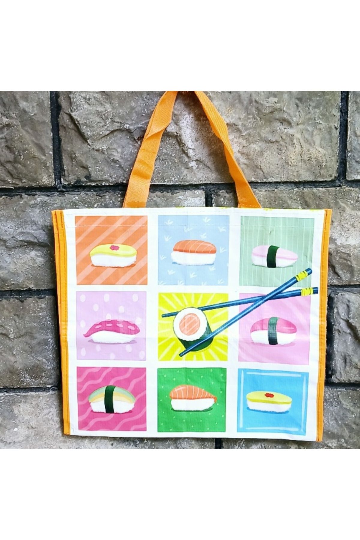 MyBalliStore Sushi Desenli Turuncu Alışveriş Çantası (pazar çantası)