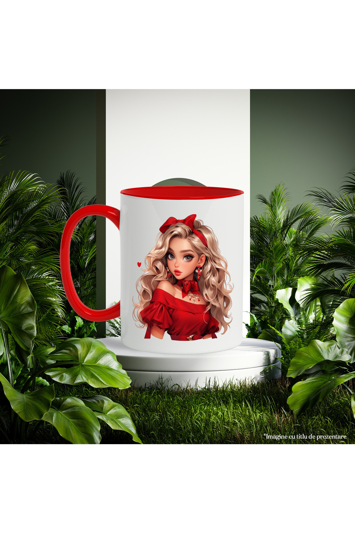 StoryGift Romania-Mug with a beautiful face | blonde | red blouse | | bow | serious | 33, Cu ,STG 3