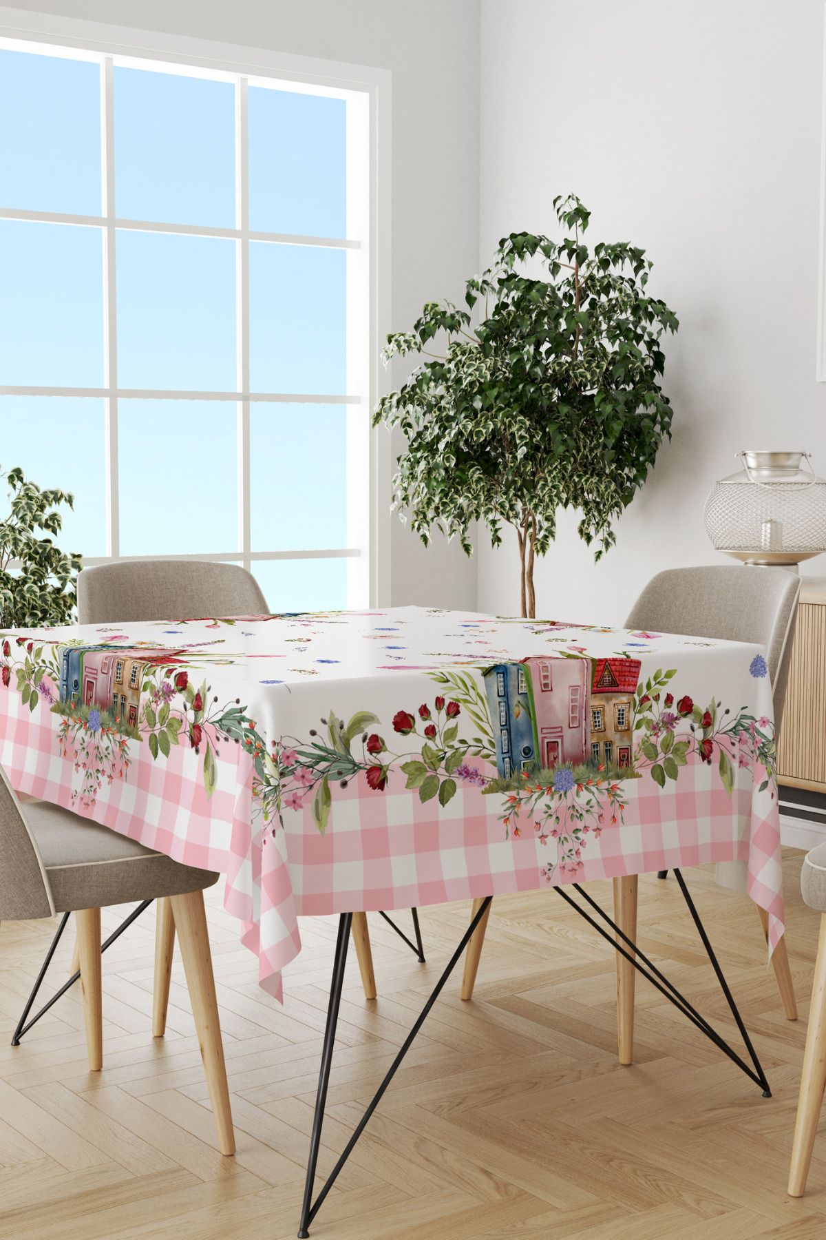 Home Pembe Ekose Çiçekli Dertsiz Masa Örtüsü