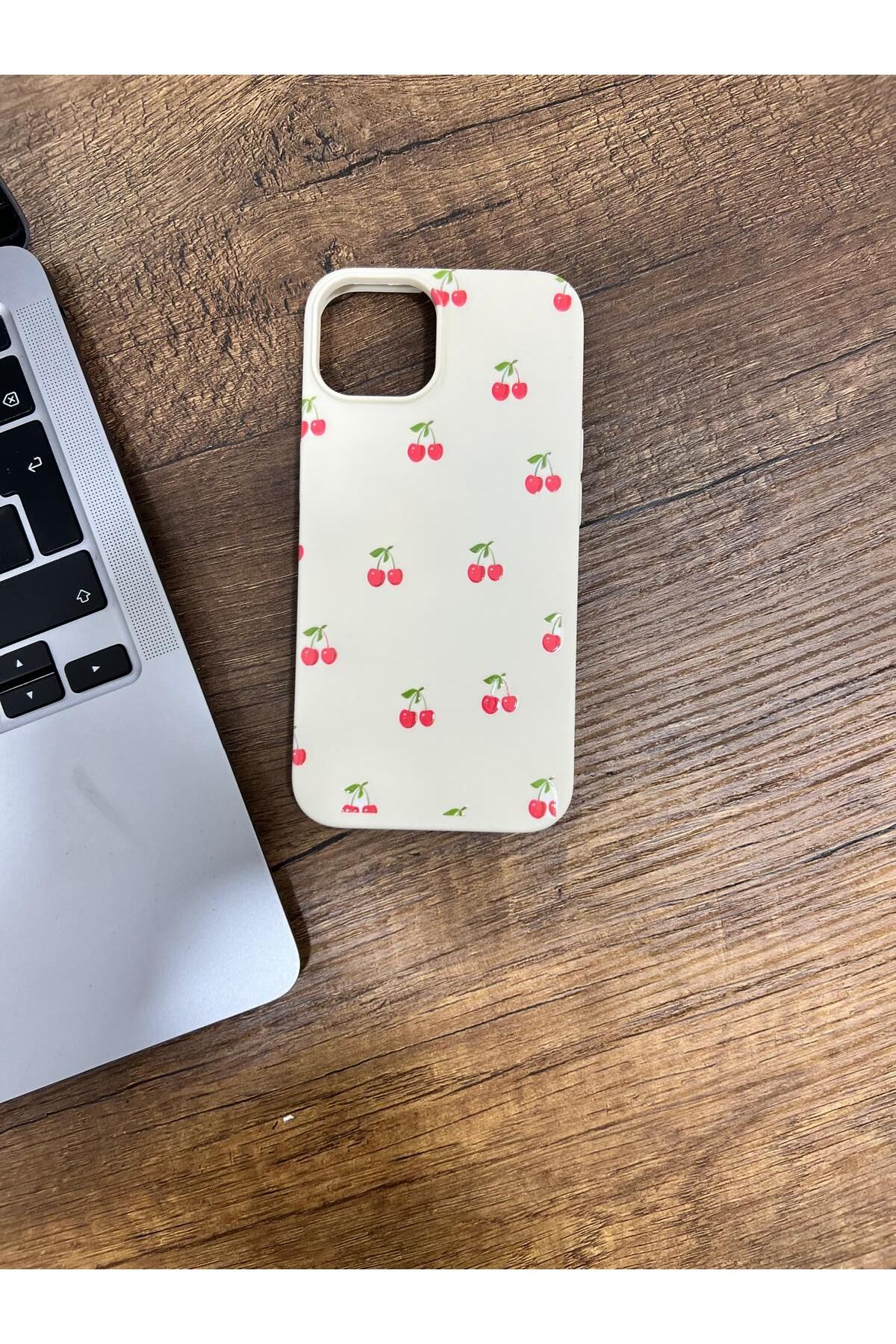 HZR Iphone 13 Beyaz Kiraz Desenli Silikon Kılıf