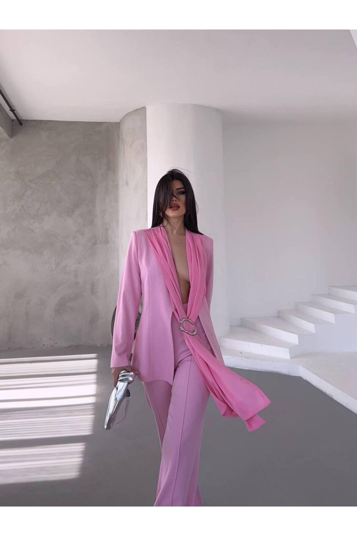Ensemble Blazer Femme avec Détail Châle Poudre - Görsel 5
