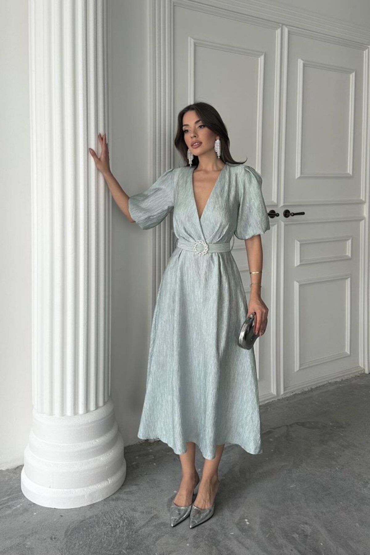 velmorafashion Mint Işıltılı Kemerli Kruvaze Elbise