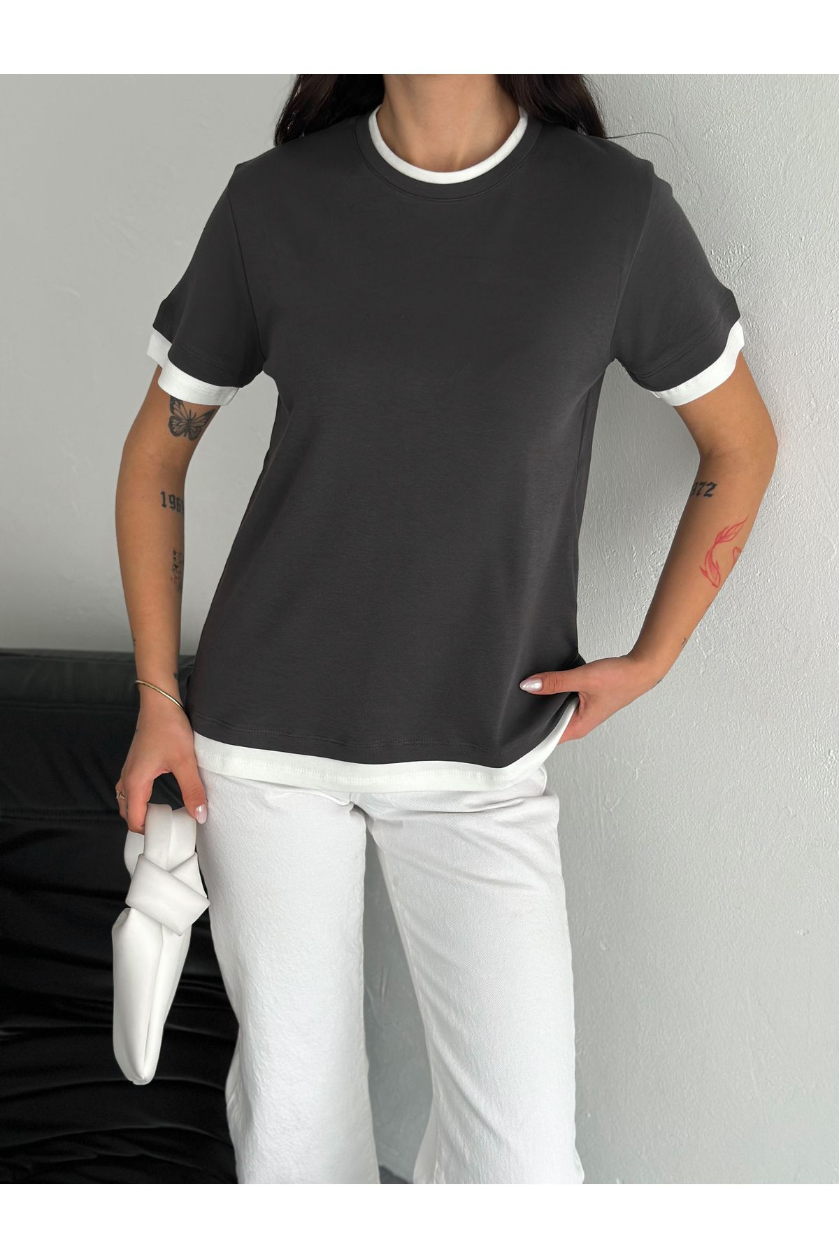 Fanori Woman KADIN BİSİKLET YAKA KOL VE YAKA DETAYLI BASİC T-shirt