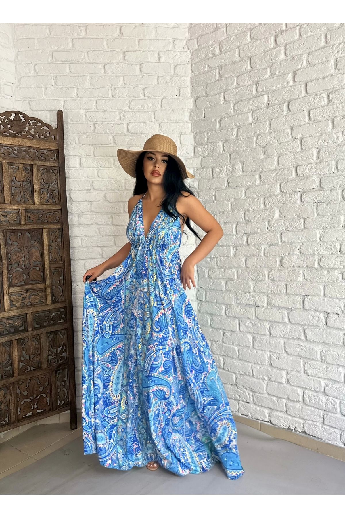 moneta boutique Kadın İpek Saten Bağcıklı Uzun Salaş Elbise