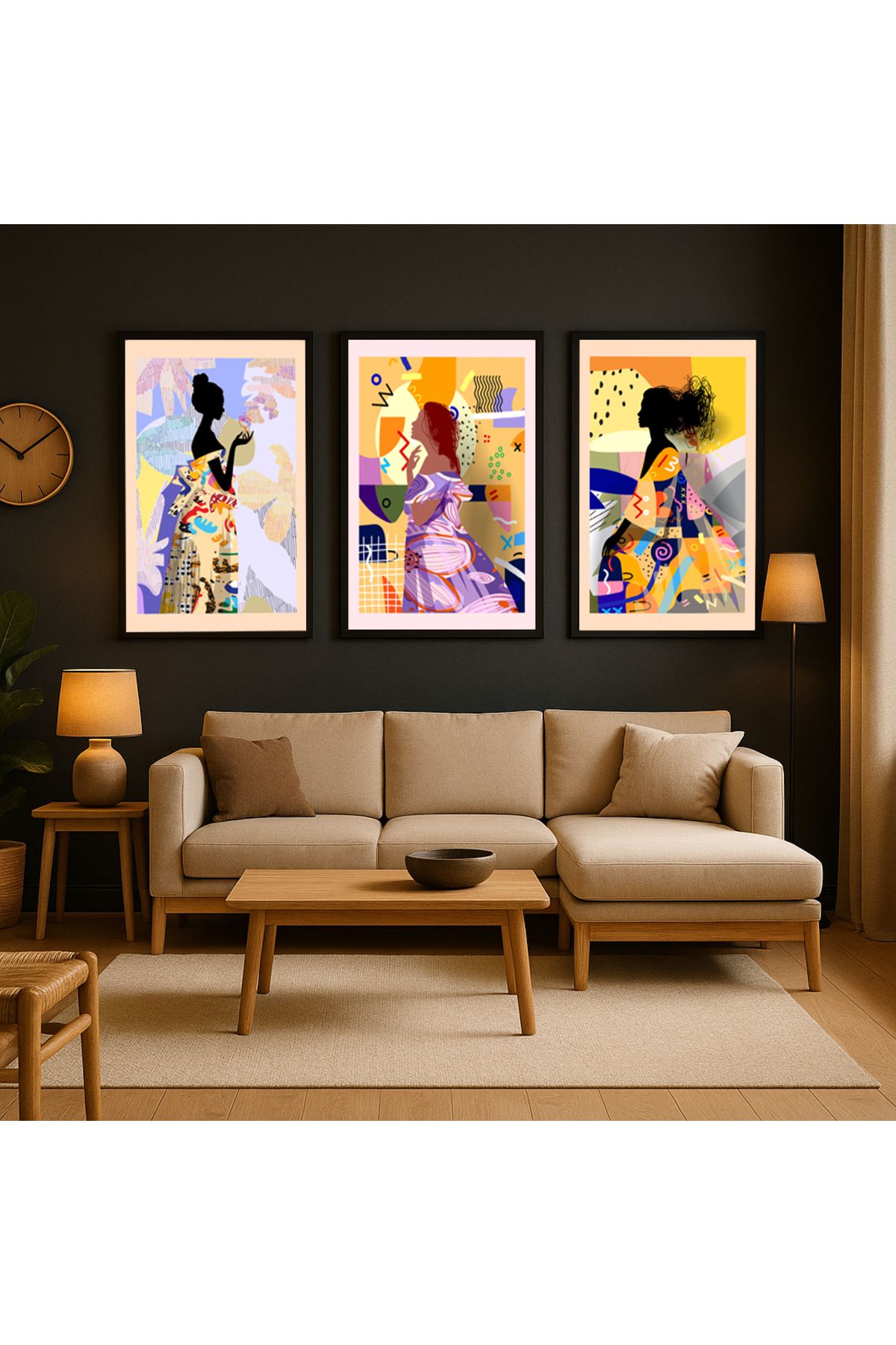 volo dekor Volo Tablo Siyah, Doğal Ahşap Çerçeveli Soyut Sanat Tablo Seti Ev & Ofis Dekoru,