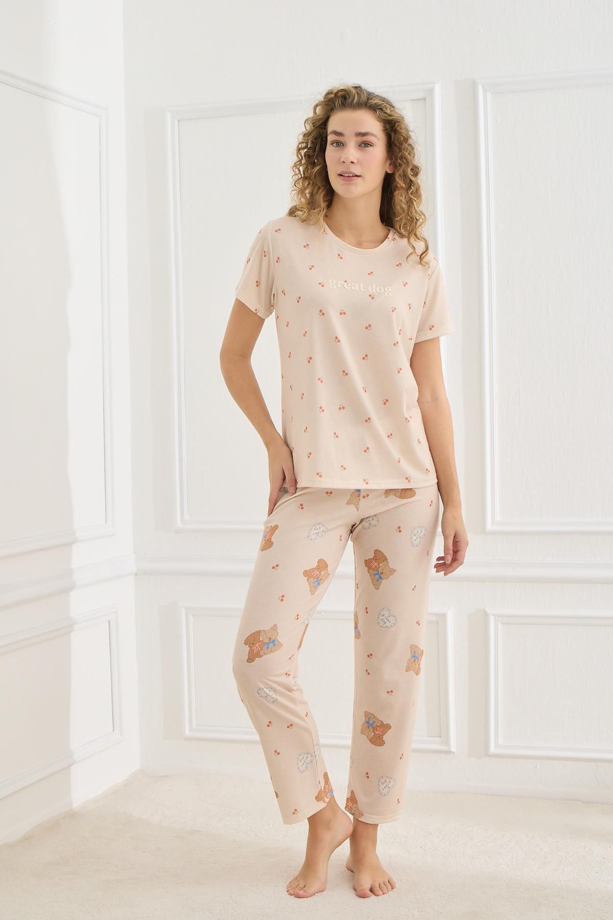 Kompedan Kadın Destekli Likralı Süprem Bisiklet Yaka Pijama Takım | Bej 70109-925