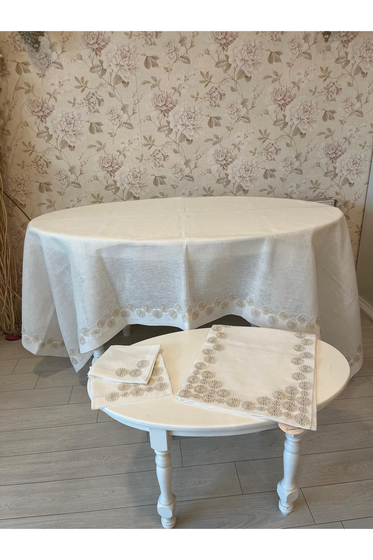 Daimon Home Fransız Güpürlü Keten Masa Örtüsü Runner ve 2 Adet Peçete