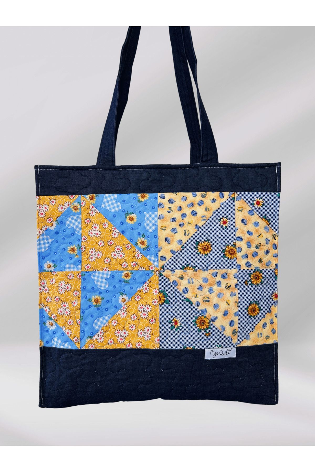 Tasarım Kot Omuz Çantası - İçi Cepli El Yapımı Patchwork Çanta