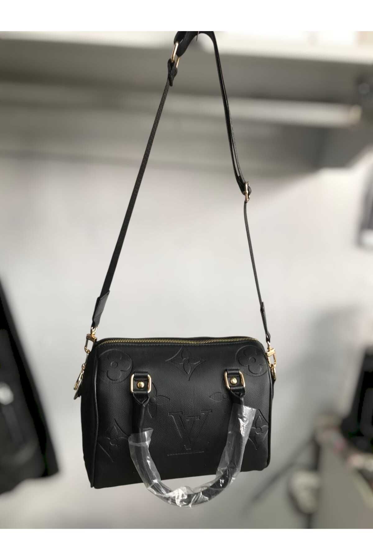 Zihni Leatherwork Siyah LV Baskılı Suni Deri Küçük Omuz Çantası