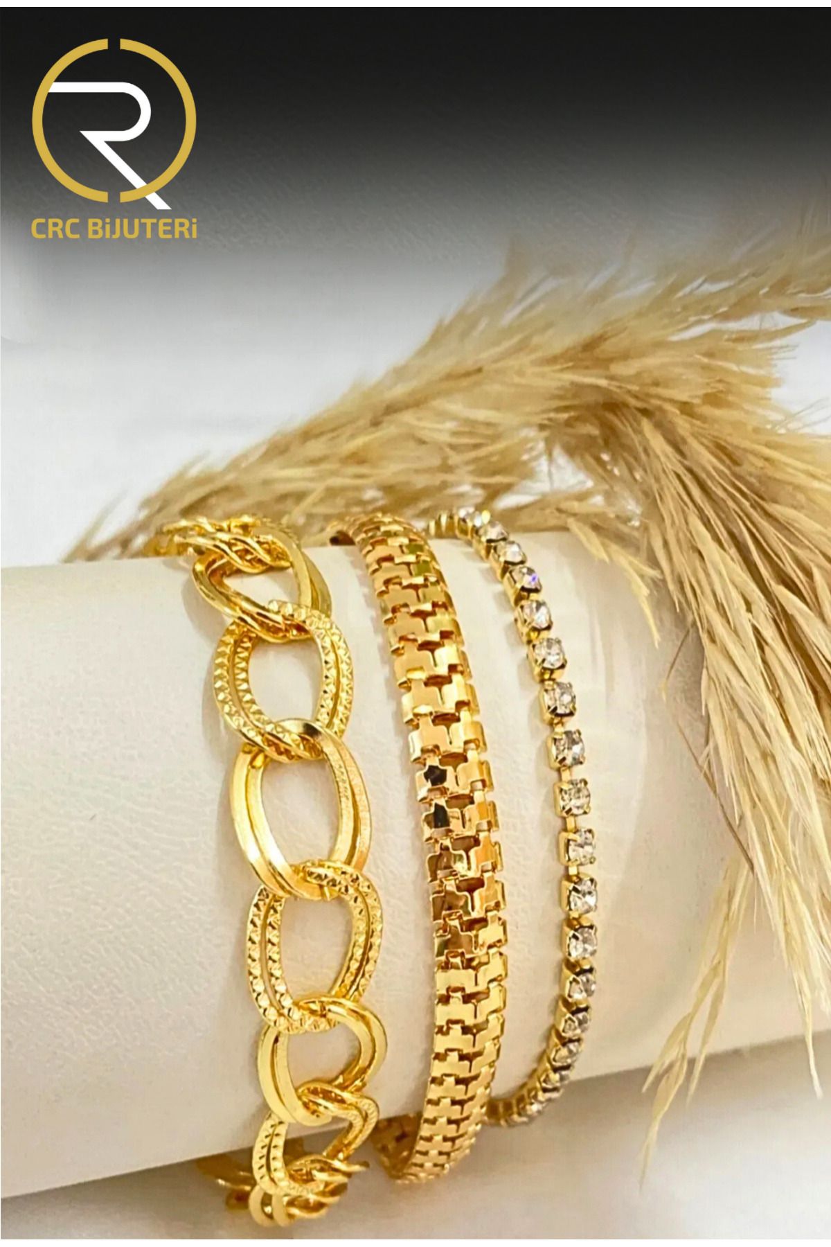 Crc Bijuteri Kadın Gold Renk Altın Kaplama Kombin Bileklik Seti