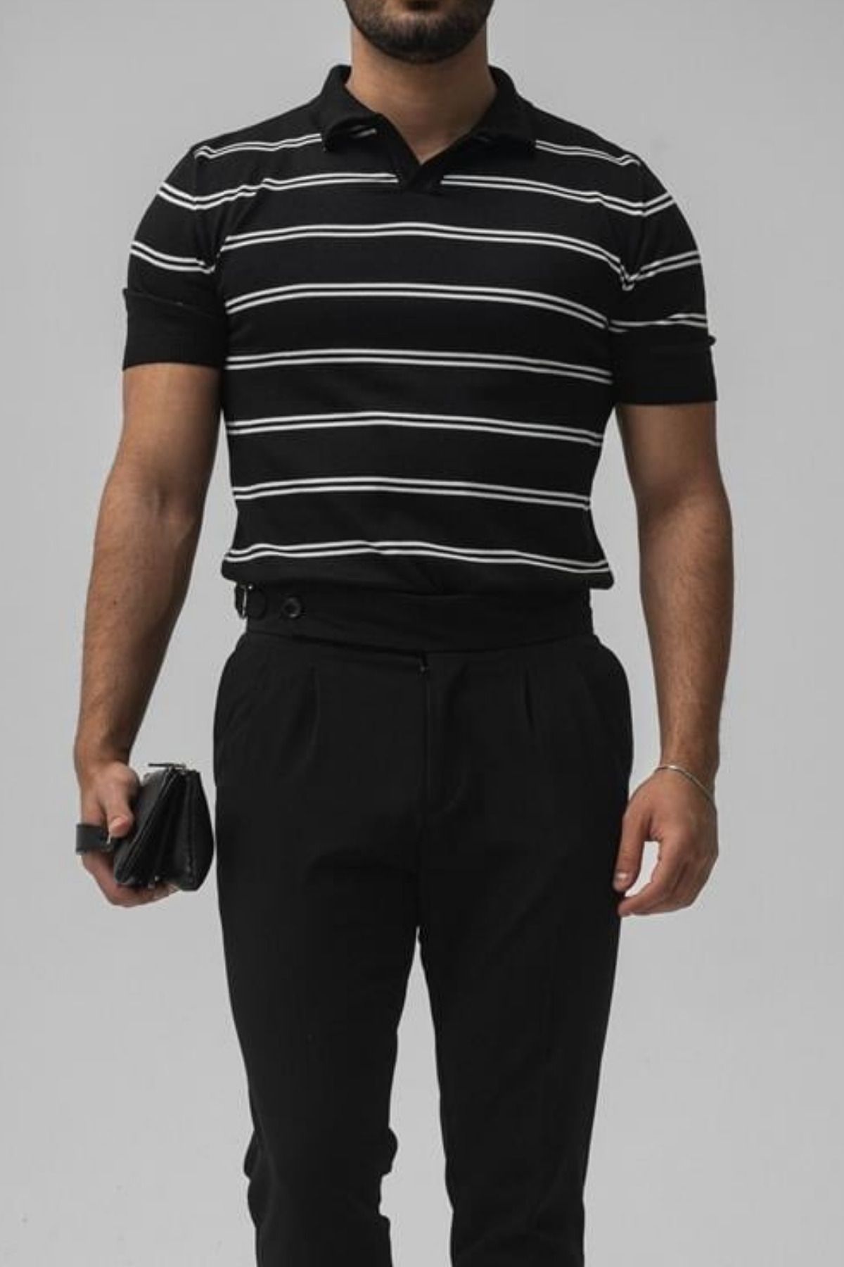 COOL TARZ Erkek Siyah Paralel Polo Yaka Slim T-shirt